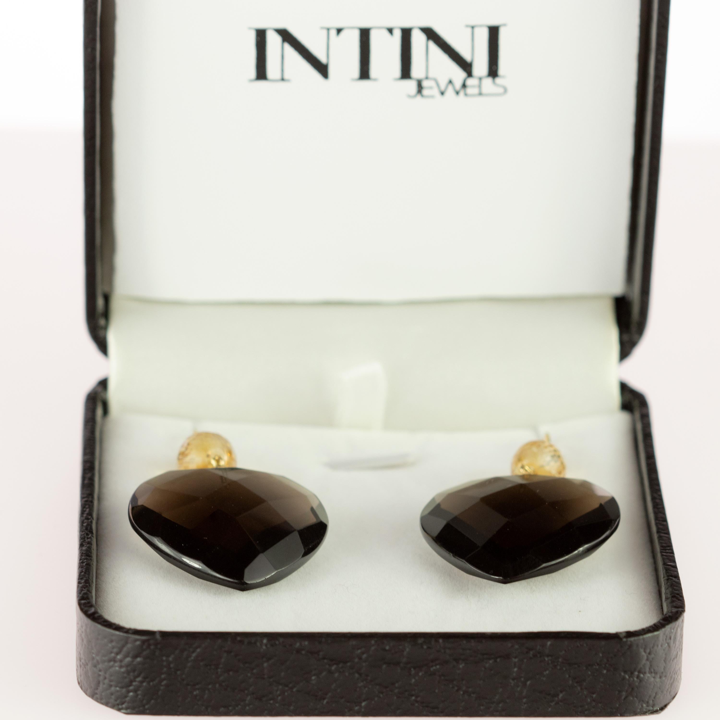 Donna Cuore di quarzo fumé Sfera di citrino Orecchini pendenti in oro giallo 18 carati in vendita