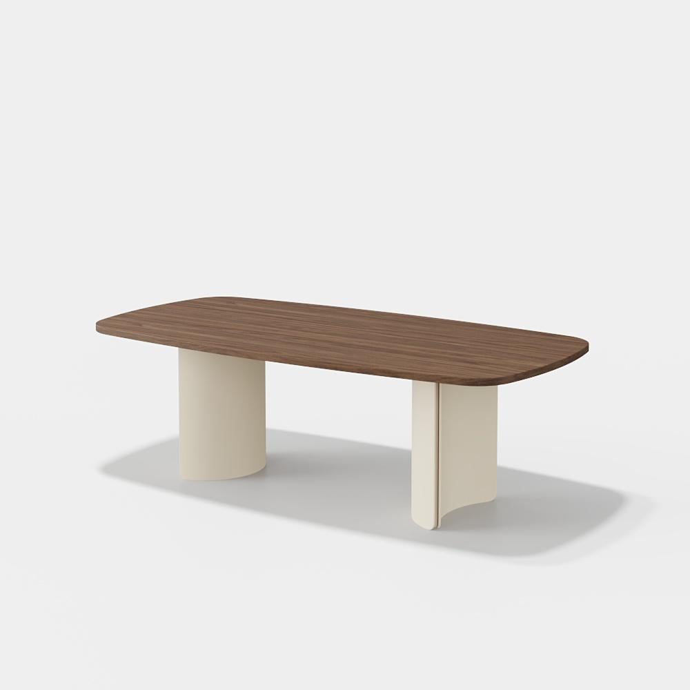 Fumed Eucalyptus Dining Table with Glossy Beige Sculptural Base For Sale 2