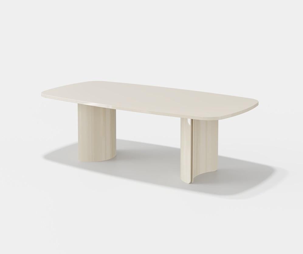 Modern Fumed Eucalyptus Dining Table with Glossy Beige Sculptural Base For Sale