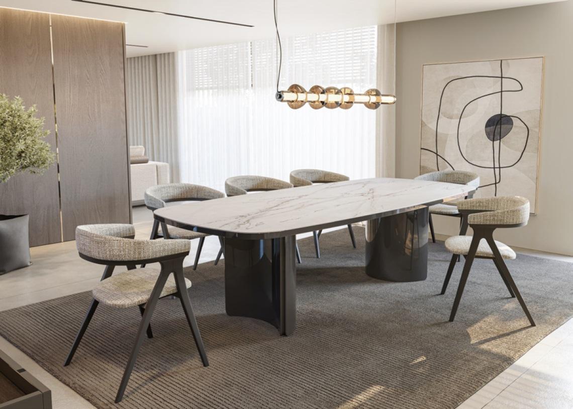 Hand-Crafted Fumed Eucalyptus Dining Table with Glossy Beige Sculptural Base For Sale
