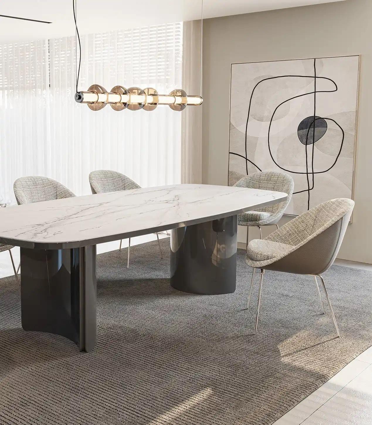 Contemporary Fumed Eucalyptus Dining Table with Glossy Beige Sculptural Base For Sale