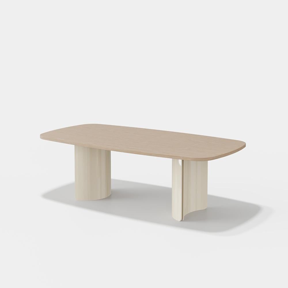 Fumed Eucalyptus Dining Table with Glossy Beige Sculptural Base For Sale 1