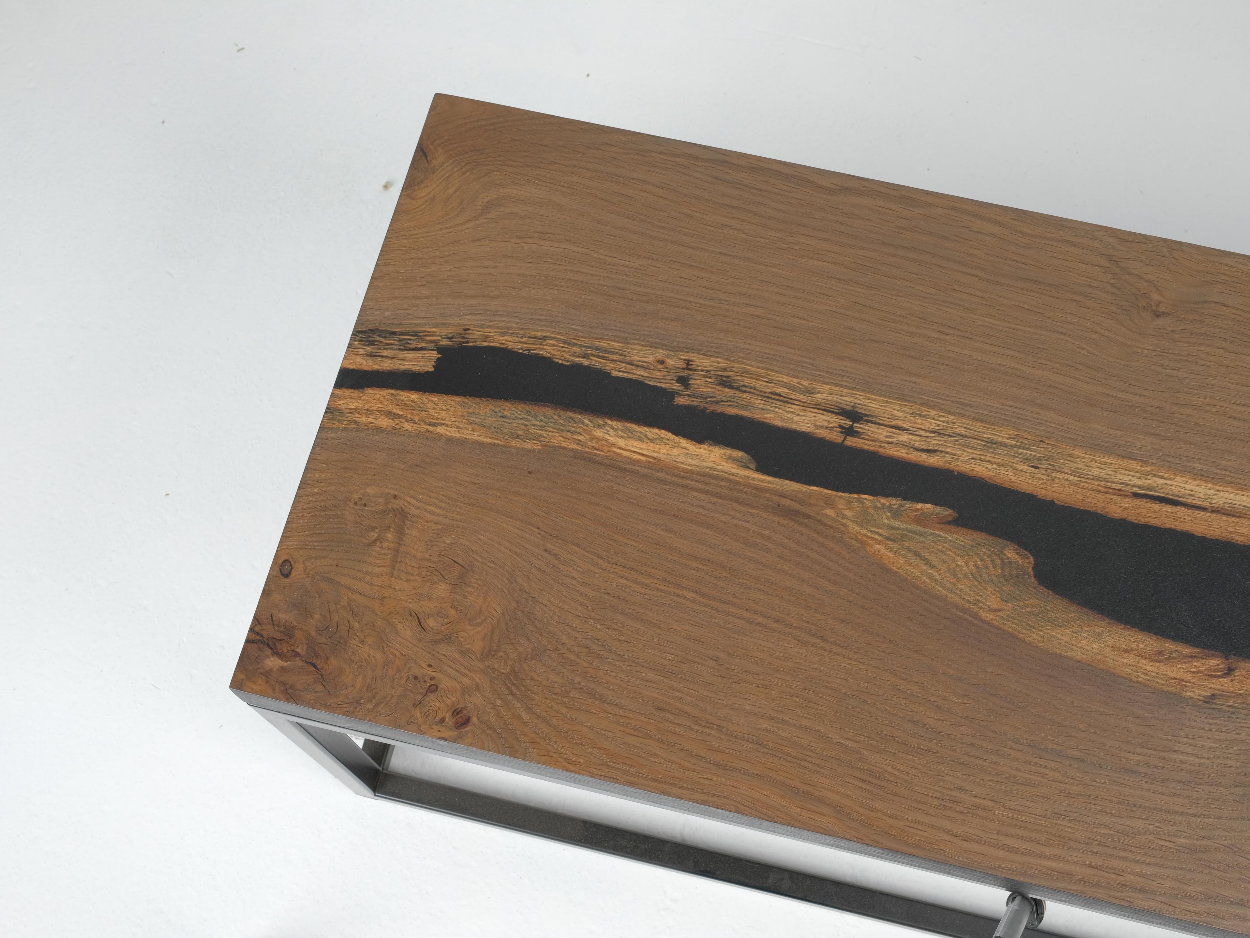 Industrial Fumed White Oak Live Edge River Coffee Table with Steel Frame For Sale