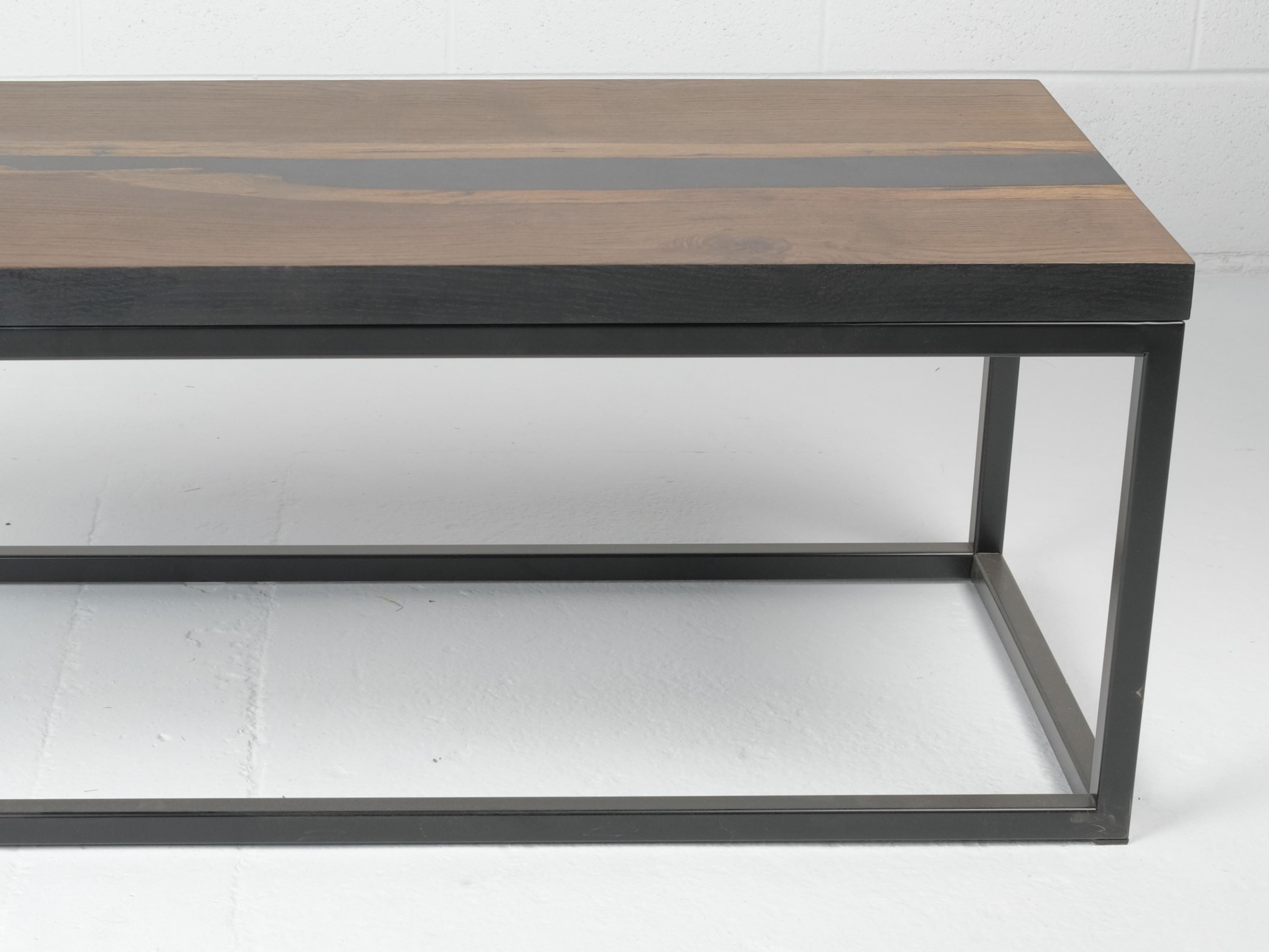 American Fumed White Oak Live Edge River Coffee Table with Steel Frame For Sale