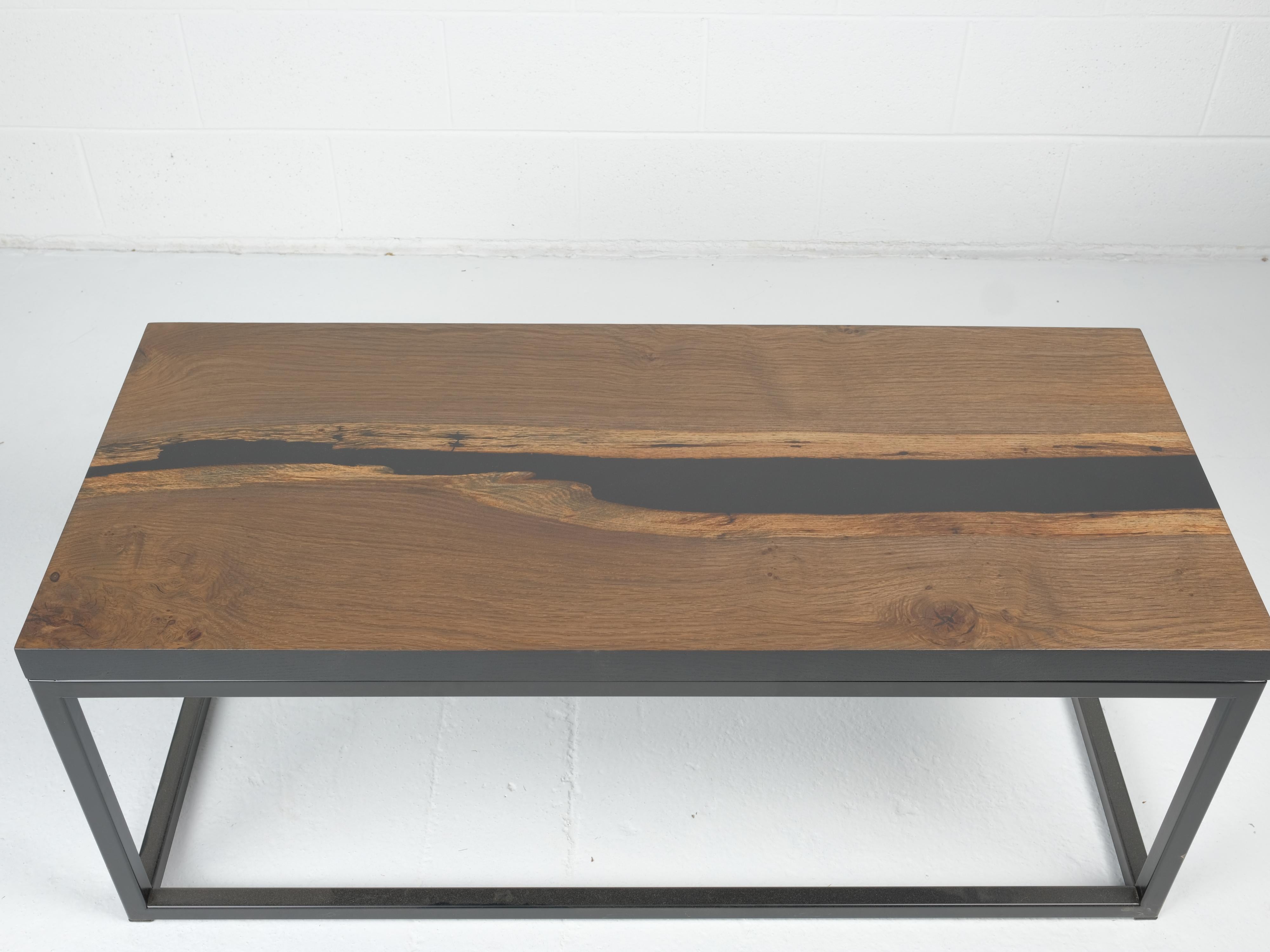 Contemporary Fumed White Oak Live Edge River Coffee Table with Steel Frame For Sale