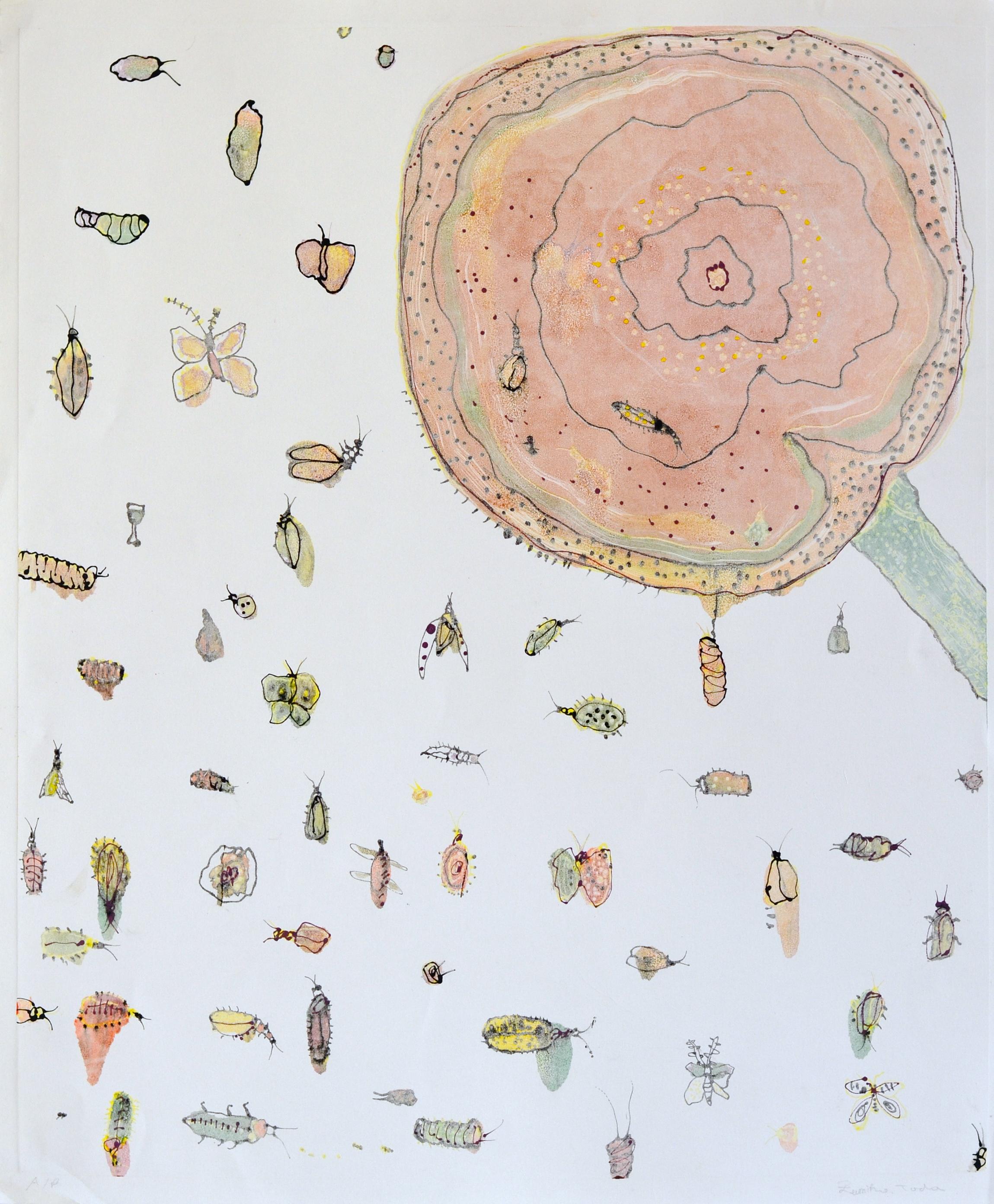 Fumiko Toda Animal Art - Spring Break, playful pastel bug print, monotype