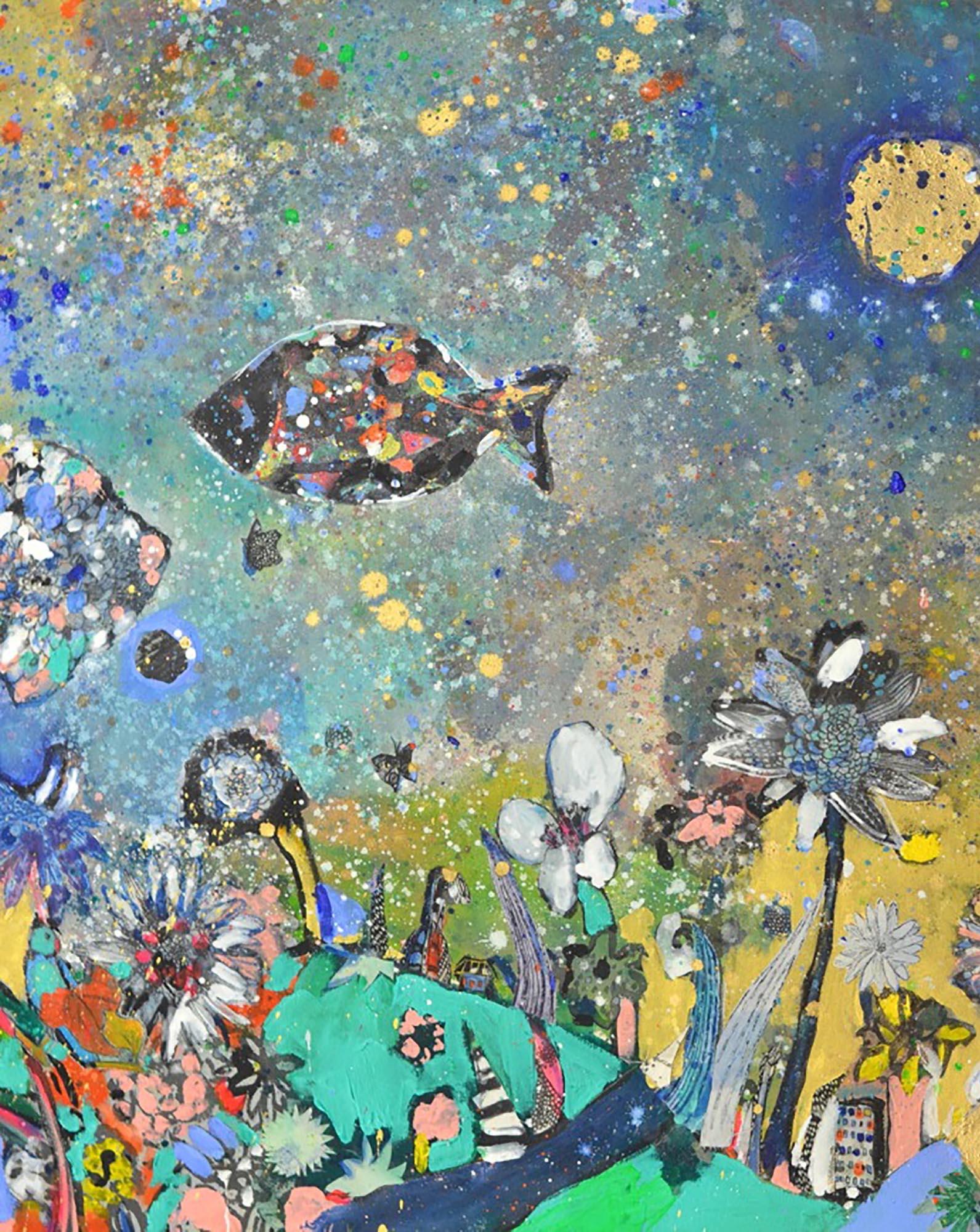 Swimming Lessons blue green gold - Contemporary Painting by Fumiko Toda