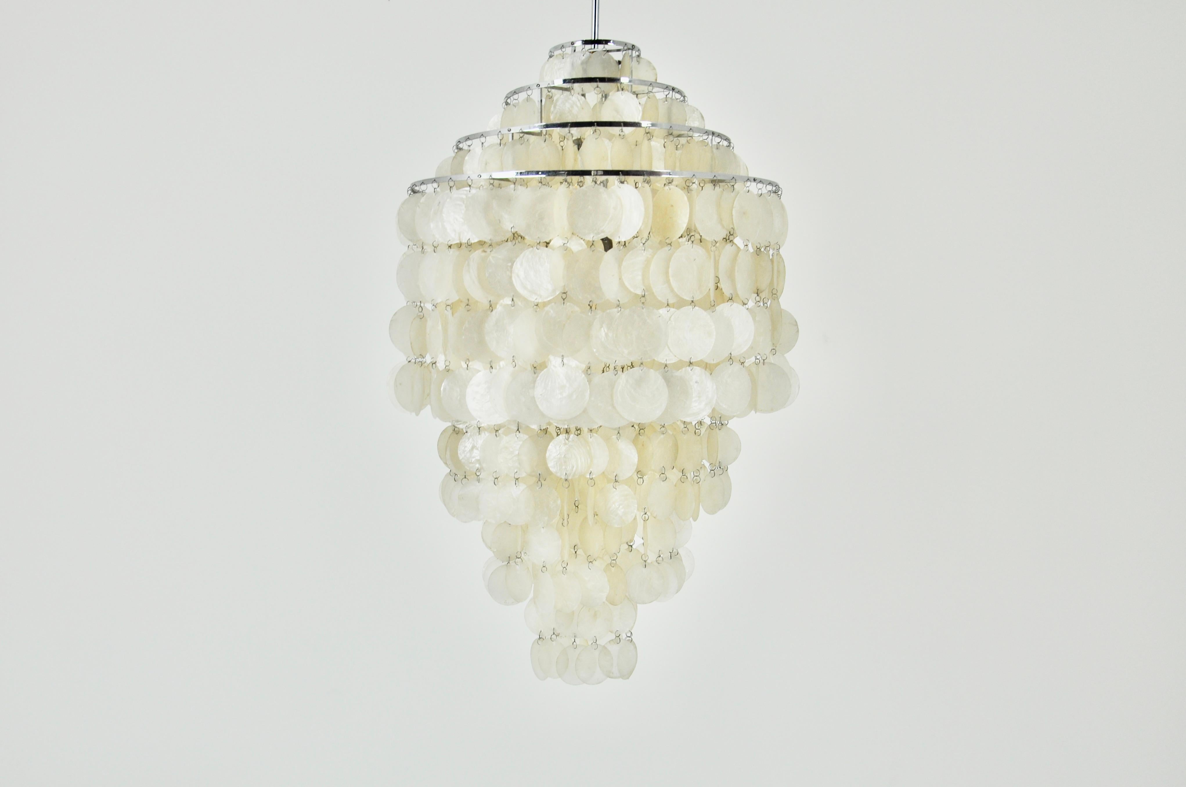 Mother of pearl and metal chandelier by Verner Panton. Wear due to time and age of the chandelier.