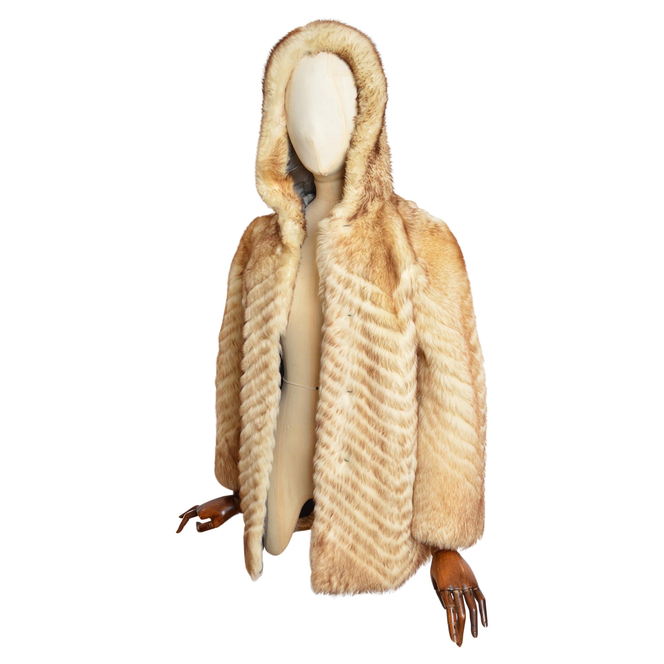 Fun 1960
s Cream Hooded Sheepskin Shearling Chevron Jacket - Coat