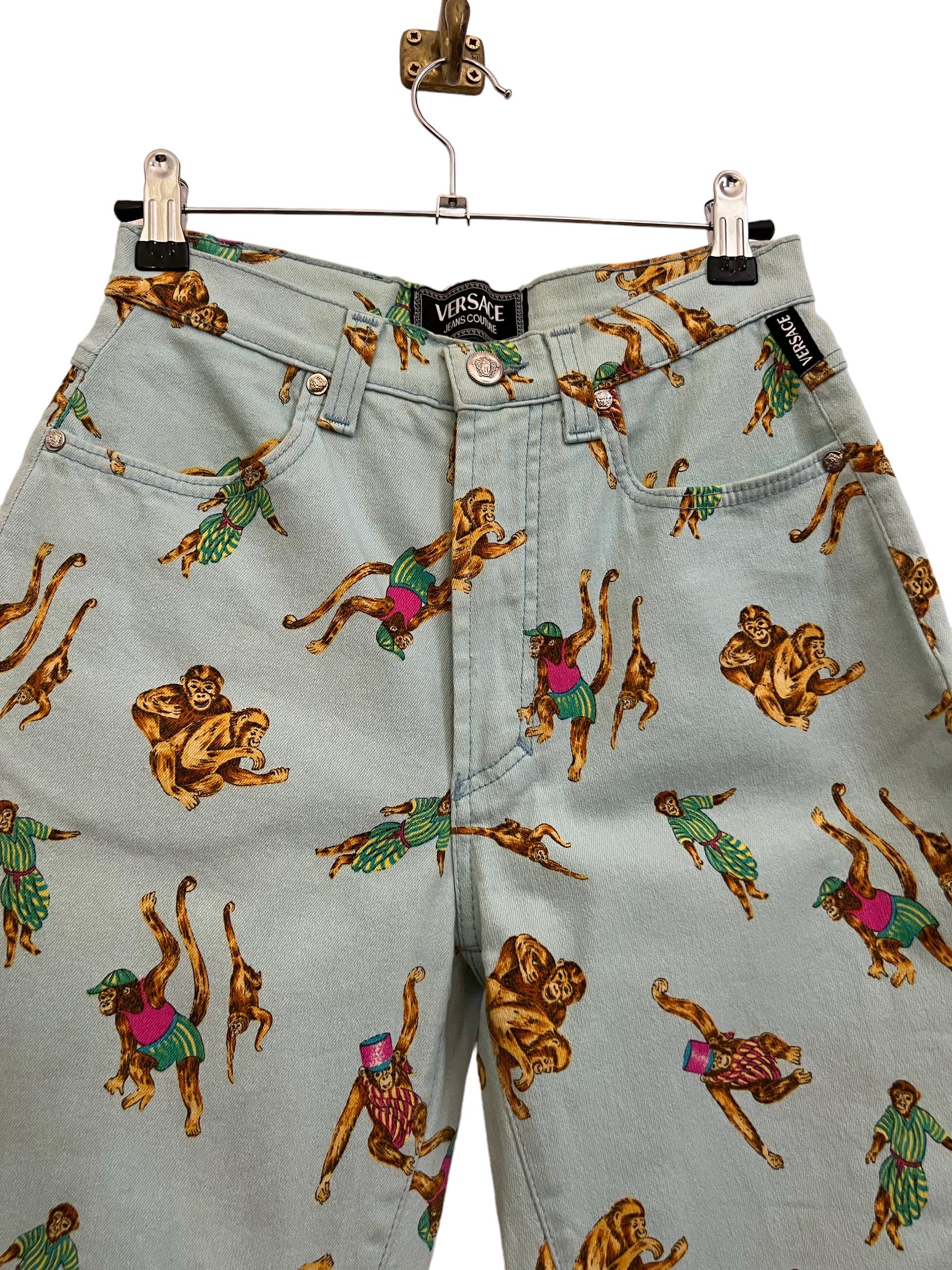 Fun 1990's Gianni Versace High waisted Colourful Monkey Cartoon pattern Jeans In Good Condition For Sale In Sheffield, GB