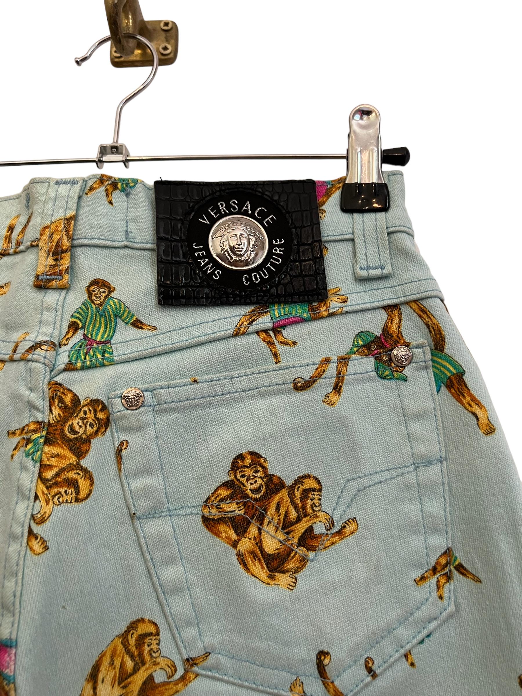 Women's Fun 1990's Gianni Versace High waisted Colourful Monkey Cartoon pattern Jeans For Sale
