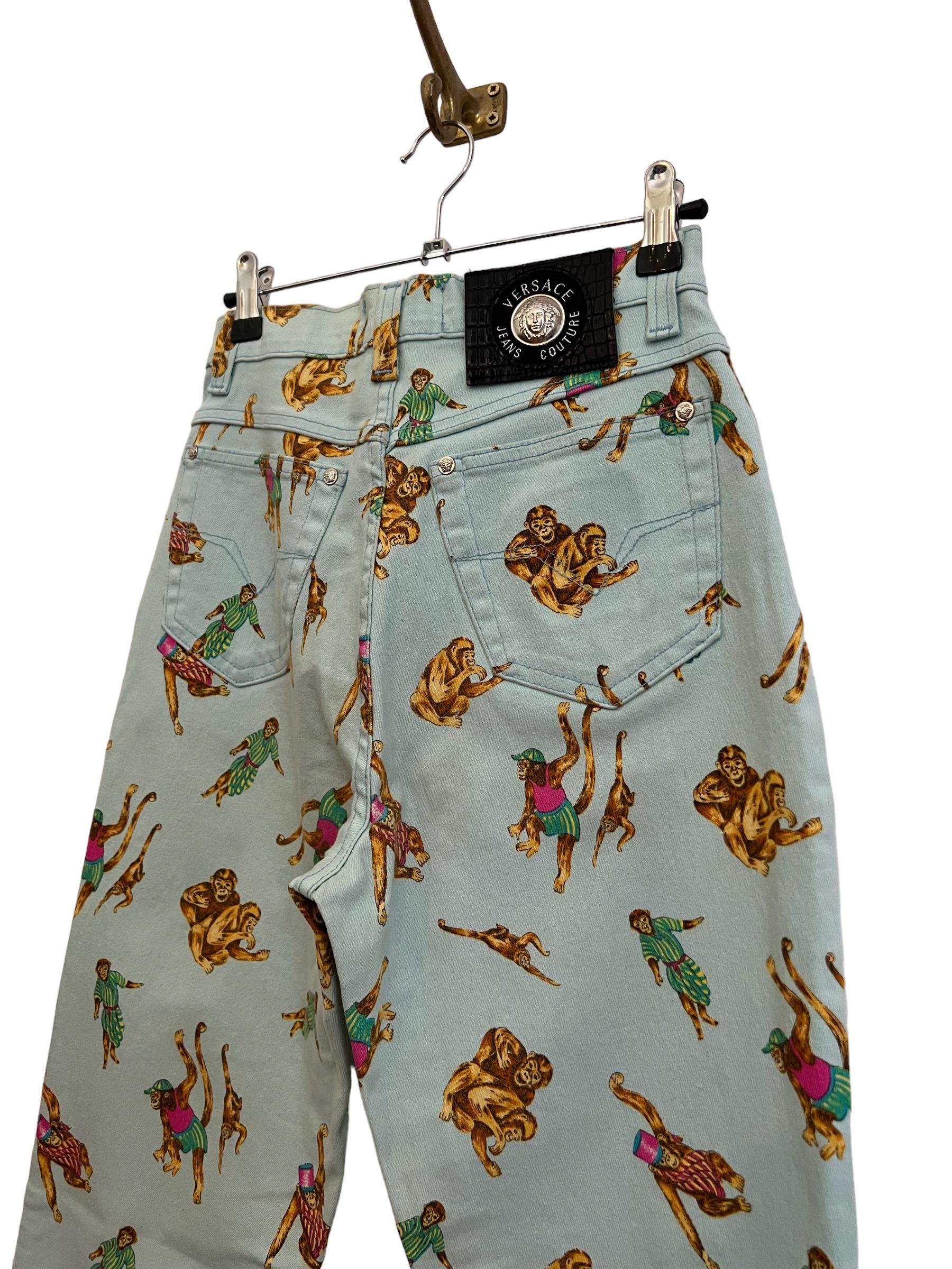 Fun 1990's Gianni Versace High waisted Colourful Monkey Cartoon pattern Jeans For Sale 2