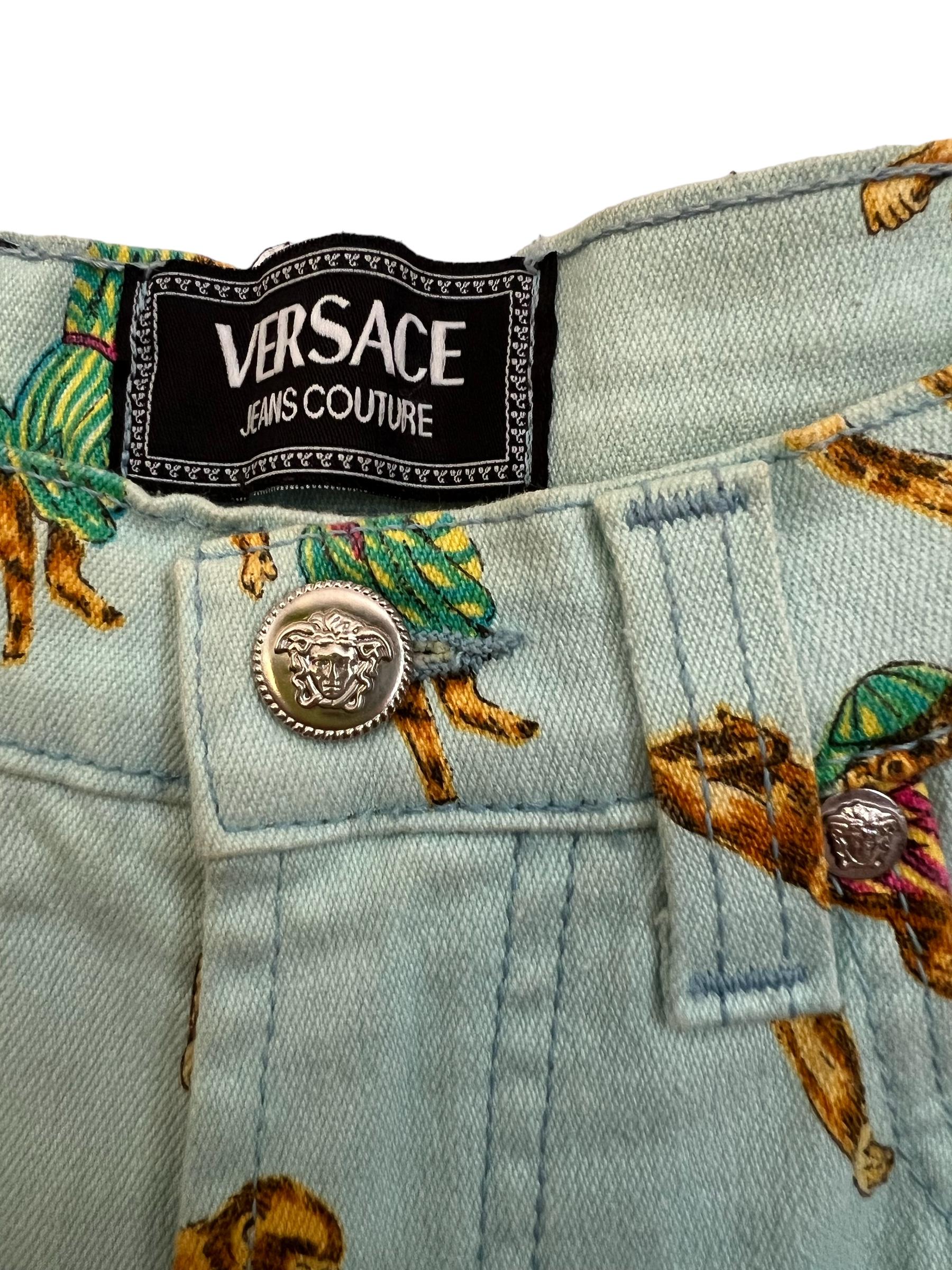 Fun 1990's Gianni Versace High waisted Colourful Monkey Cartoon pattern Jeans For Sale 4