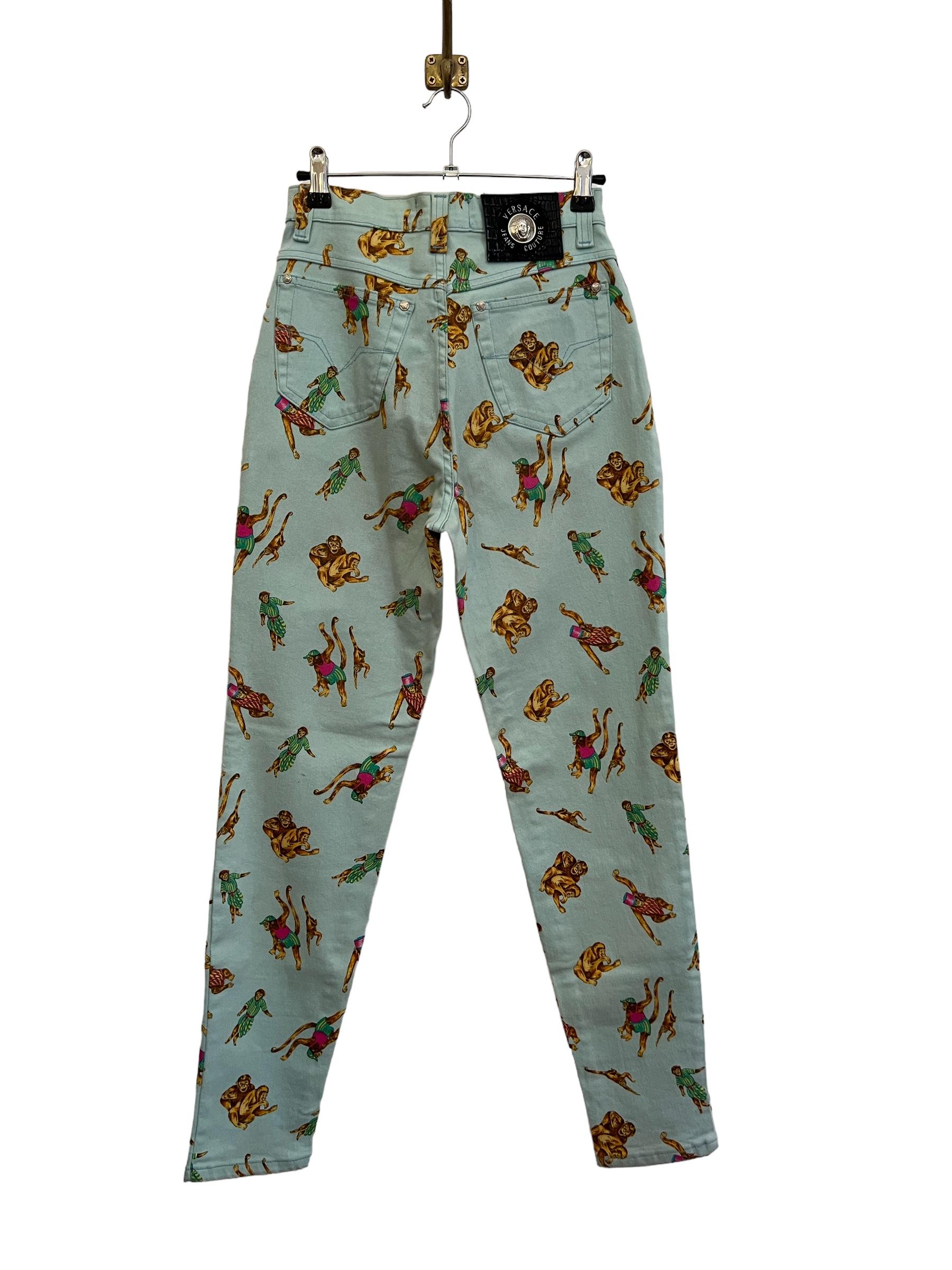 Fun 1990's Gianni Versace High waisted Colourful Monkey Cartoon pattern Jeans For Sale 5