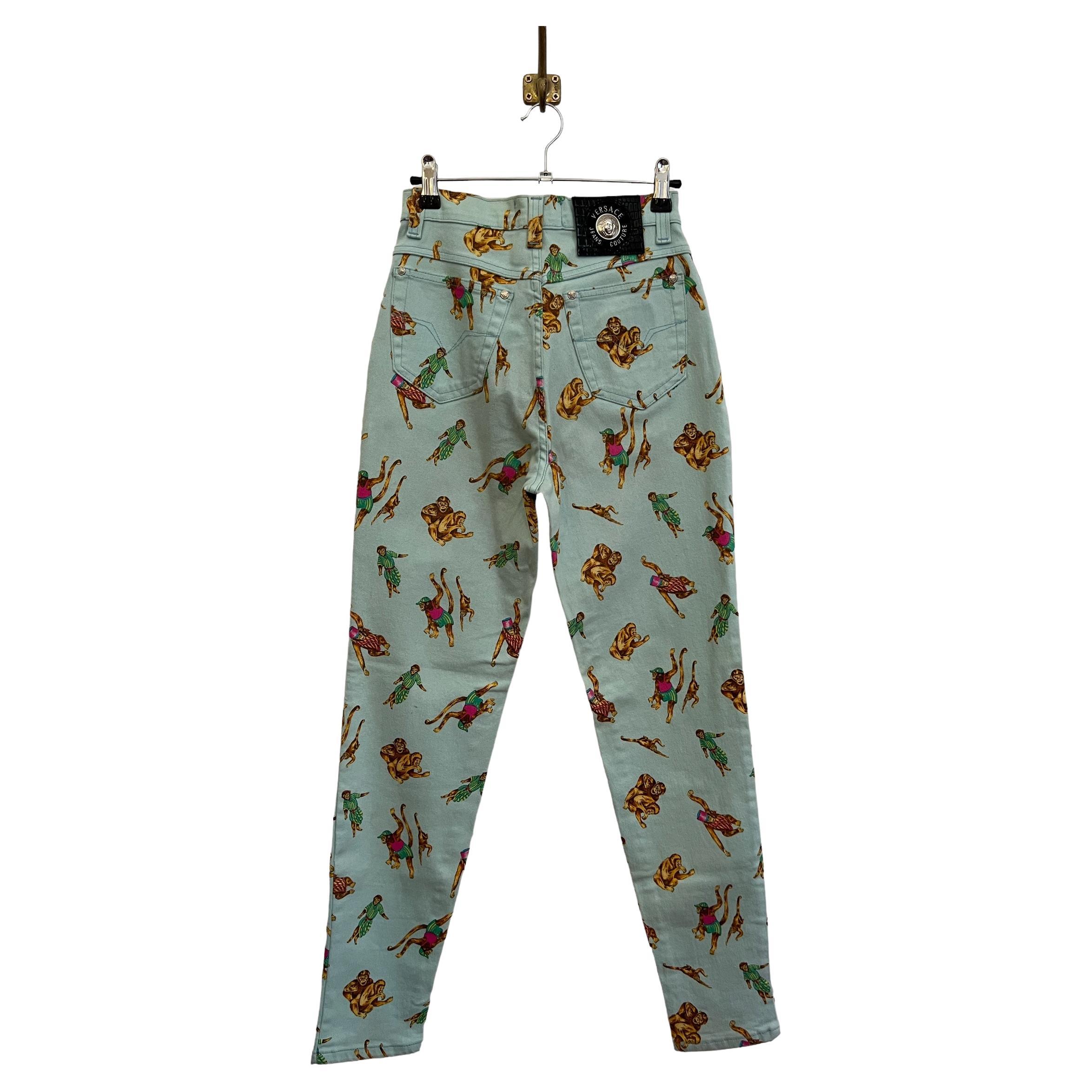 Fun 1990's Gianni Versace High waisted Colourful Monkey Cartoon pattern Jeans For Sale