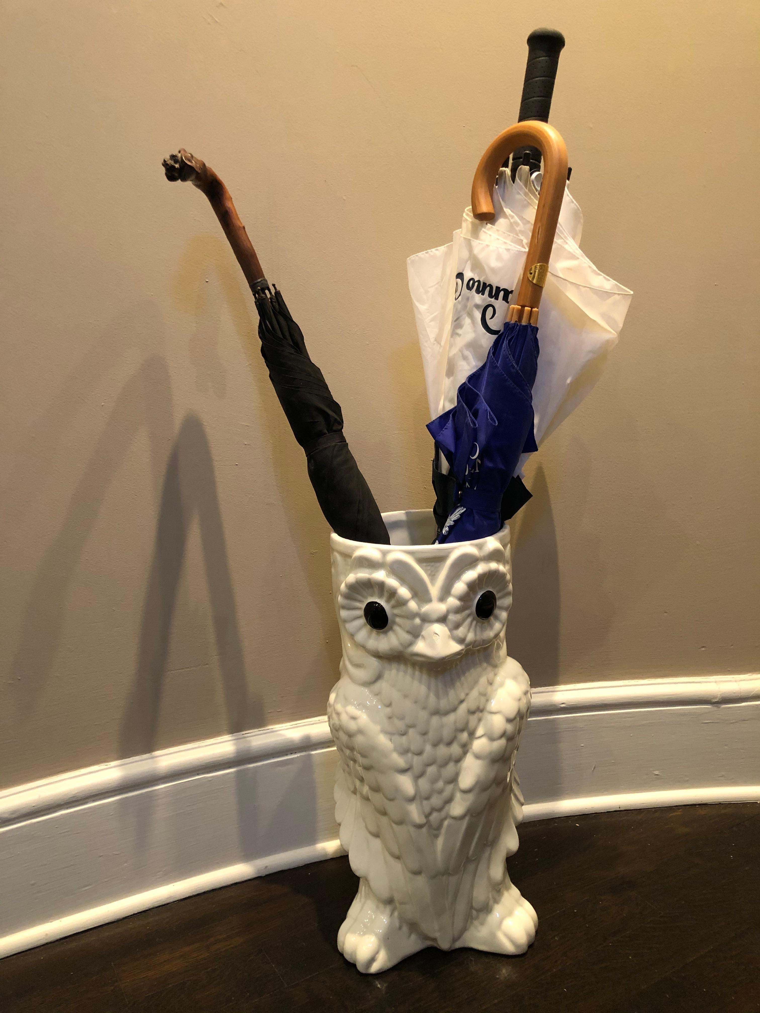 A whimsical adorable white ceramic owl that makes a wonderful functional umbrella or cane stand. 
Would also be a great centerpiece to hold branches. Stamped Spain on the bottom.