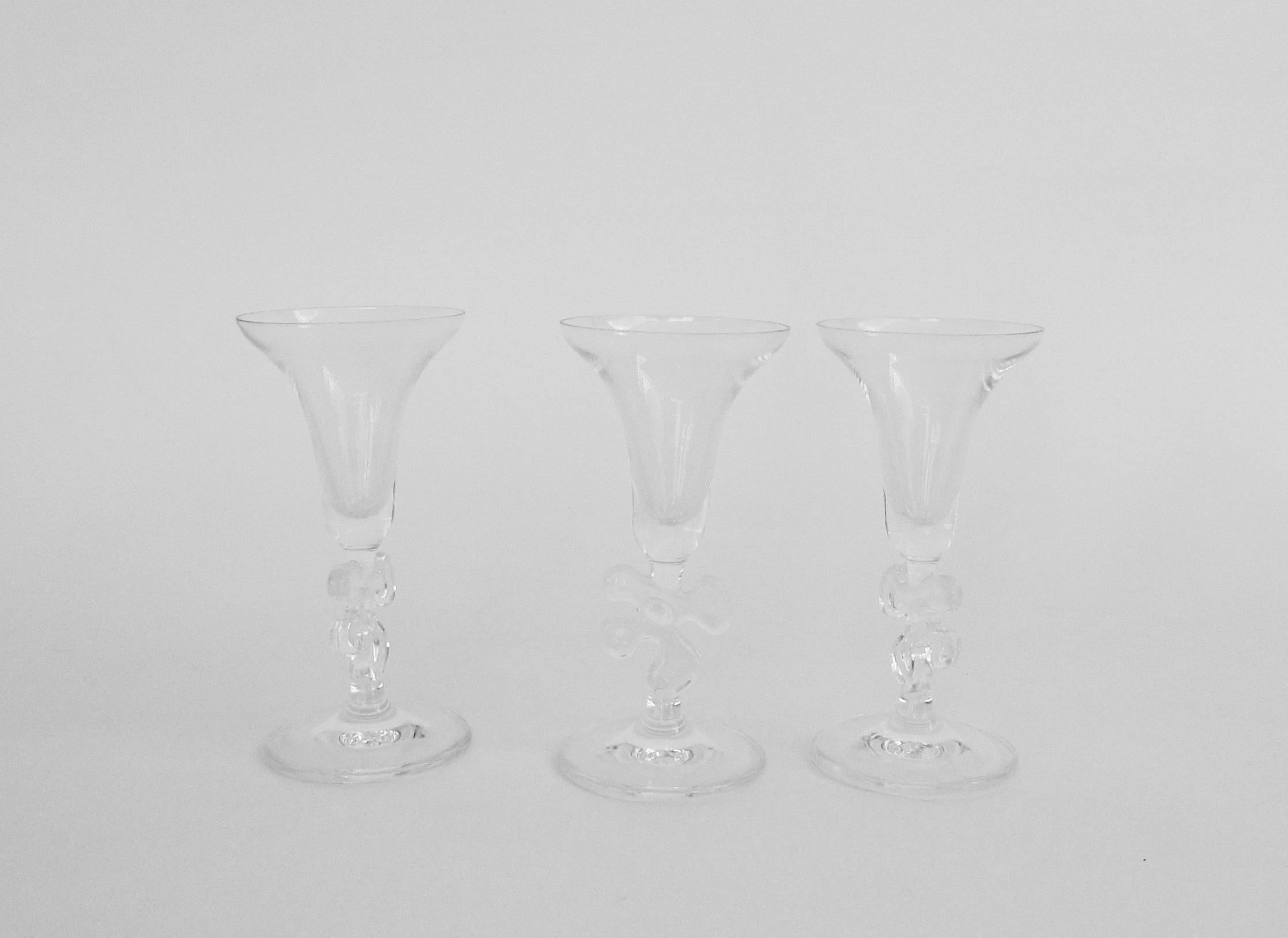 Mid-Century Modern Fun and Fancy Six Marc Aurel Crystal Cordial Glasses with Jigsaw Design Stem For Sale