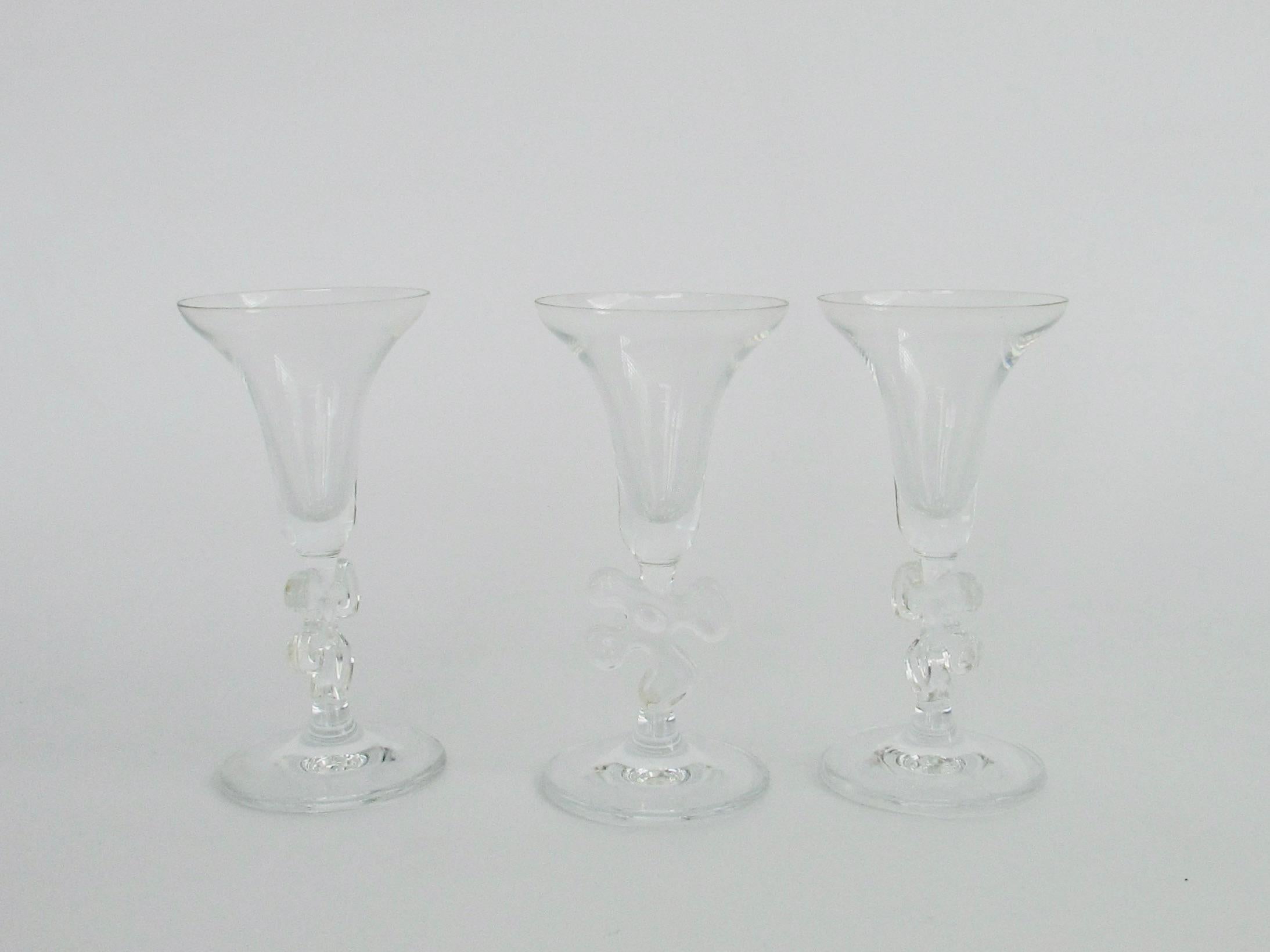Cast Fun and Fancy Six Marc Aurel Crystal Cordial Glasses with Jigsaw Design Stem For Sale