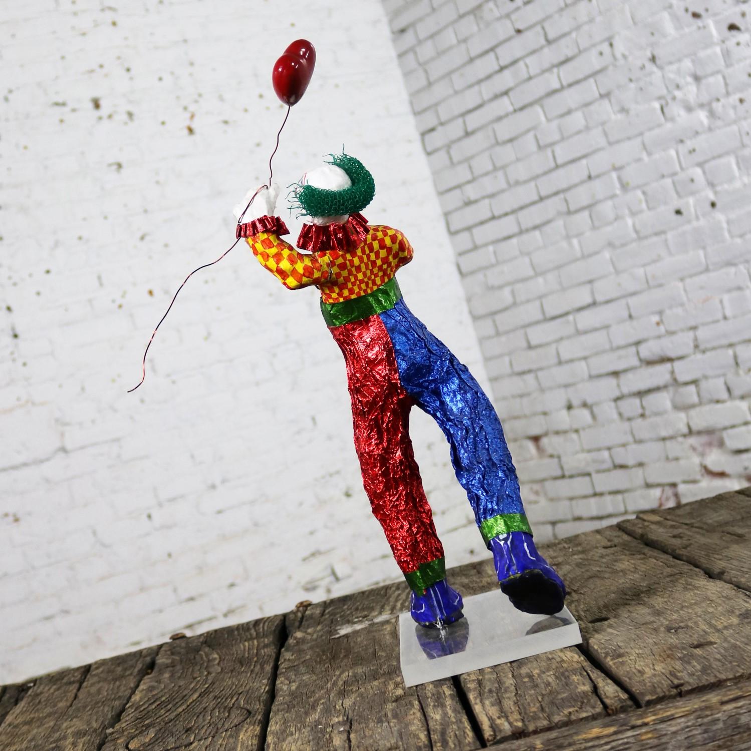 Fun Bright Mixed-Media Folk Art Clown Skulptur mit Ballon Papier Maché (Draht)