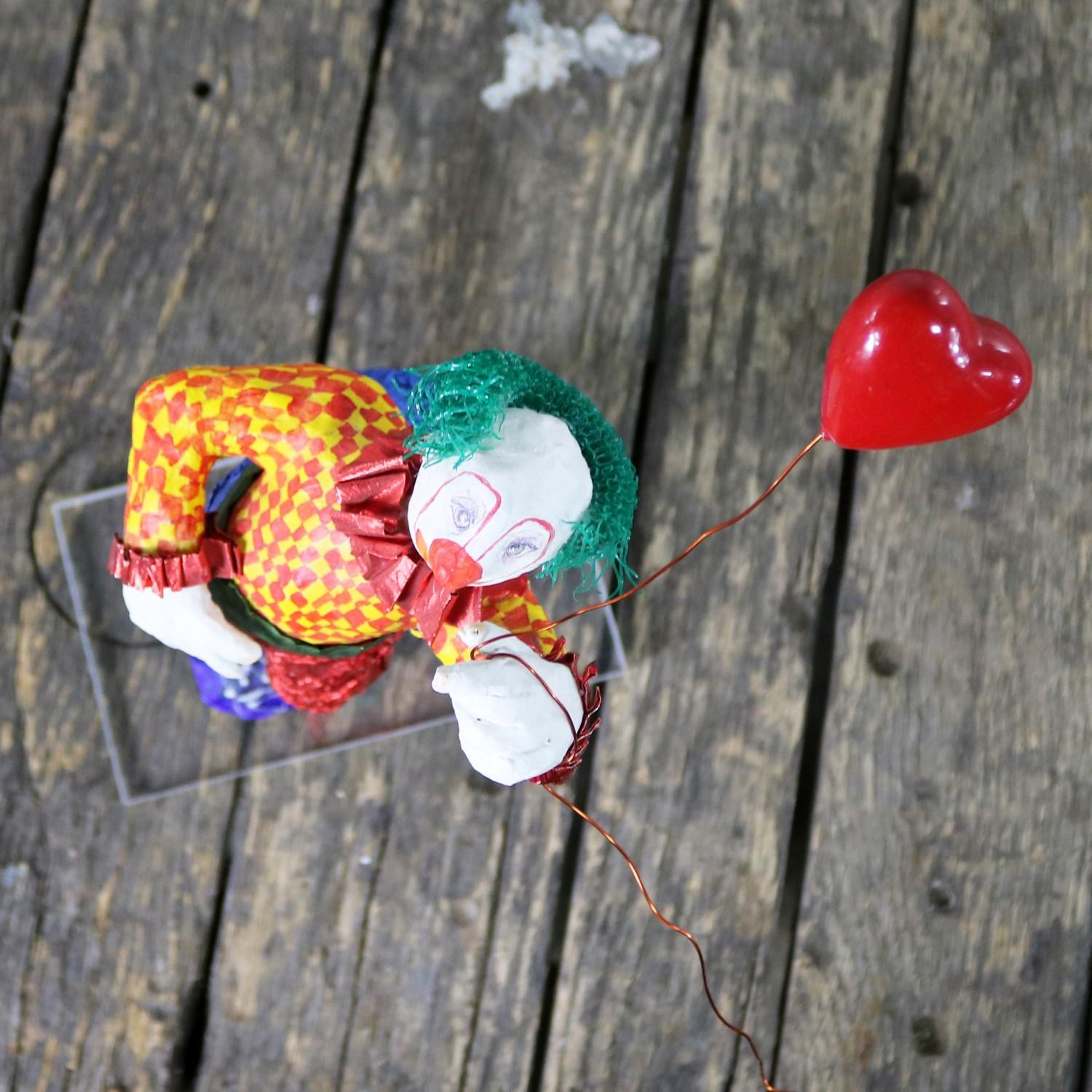 Wire Fun Bright Mixed-Media Folk Art Clown Sculpture with Balloon Paper Maché