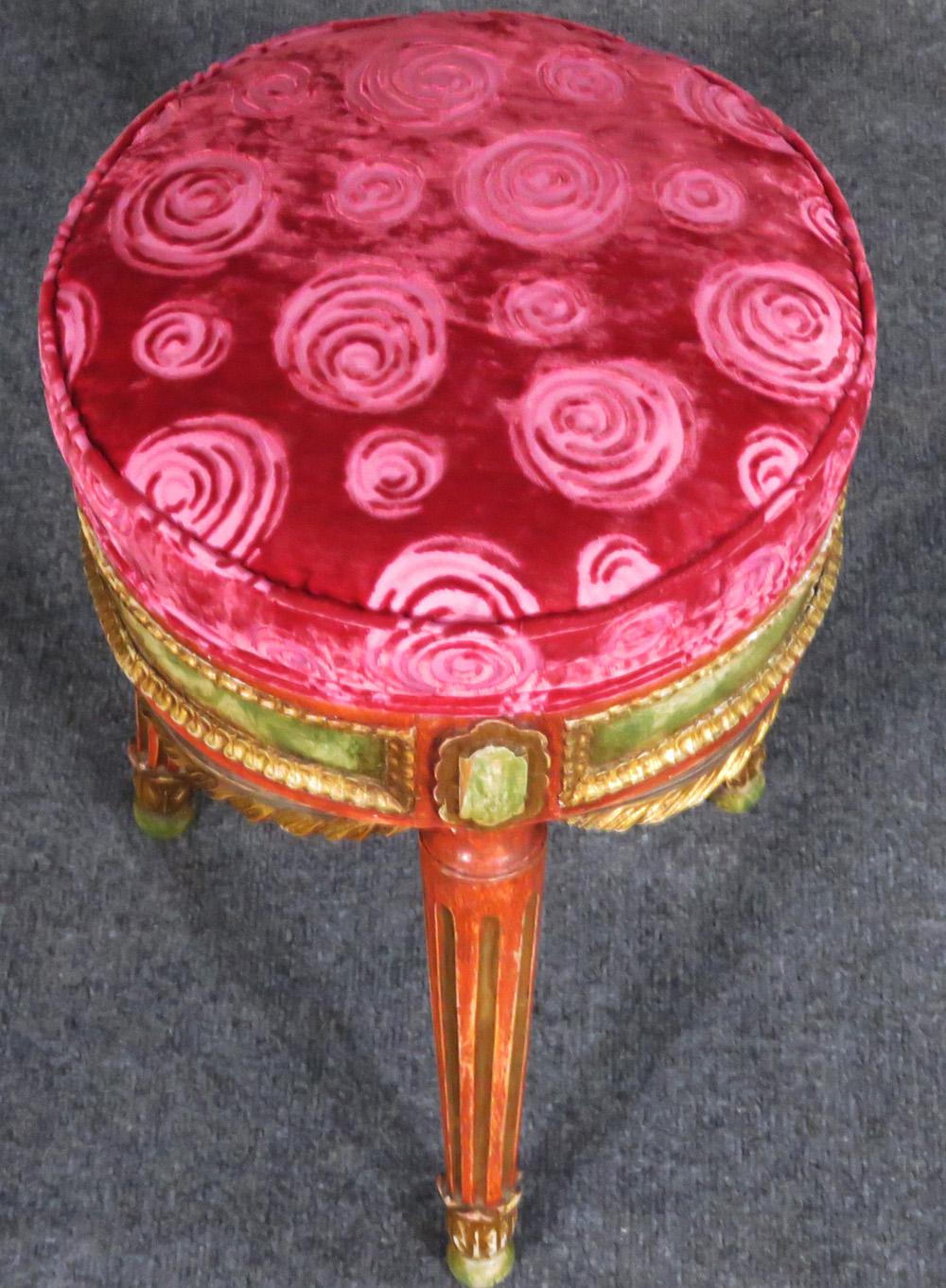 Louis XVI Fun Carved Drapery Swag French Painted Poof Stool Ladies Vanity Stool circa 1950