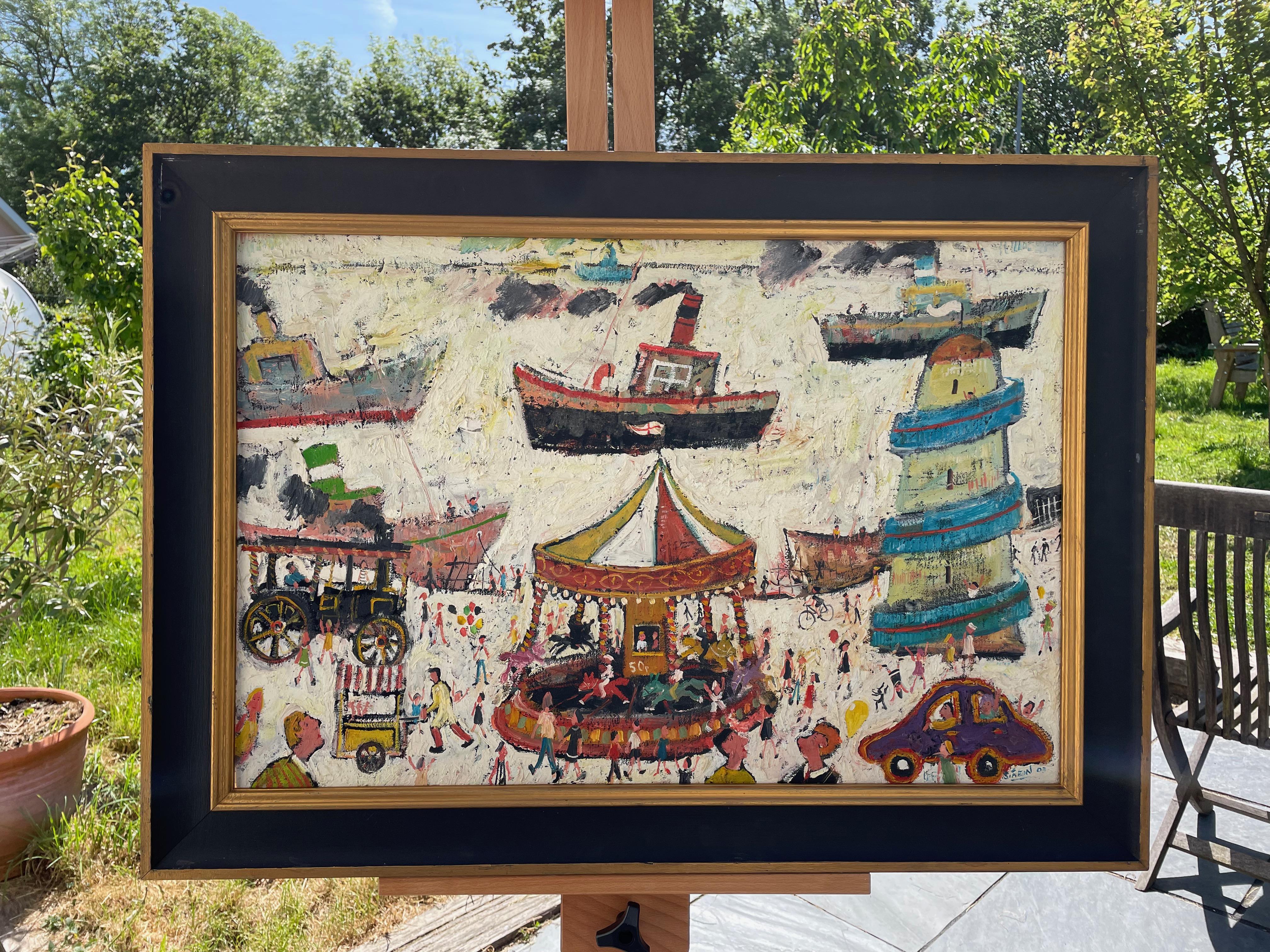 Fun fair on the harbour wall. Typical happy Simeon Stafford painting depicting a happy life in Cornwall. Oil on canvas. Signed and dated.2003
Picture in excellent condition, very slight wear to frame.
Measures: Framed 25? x 35.5?
Image 20? x