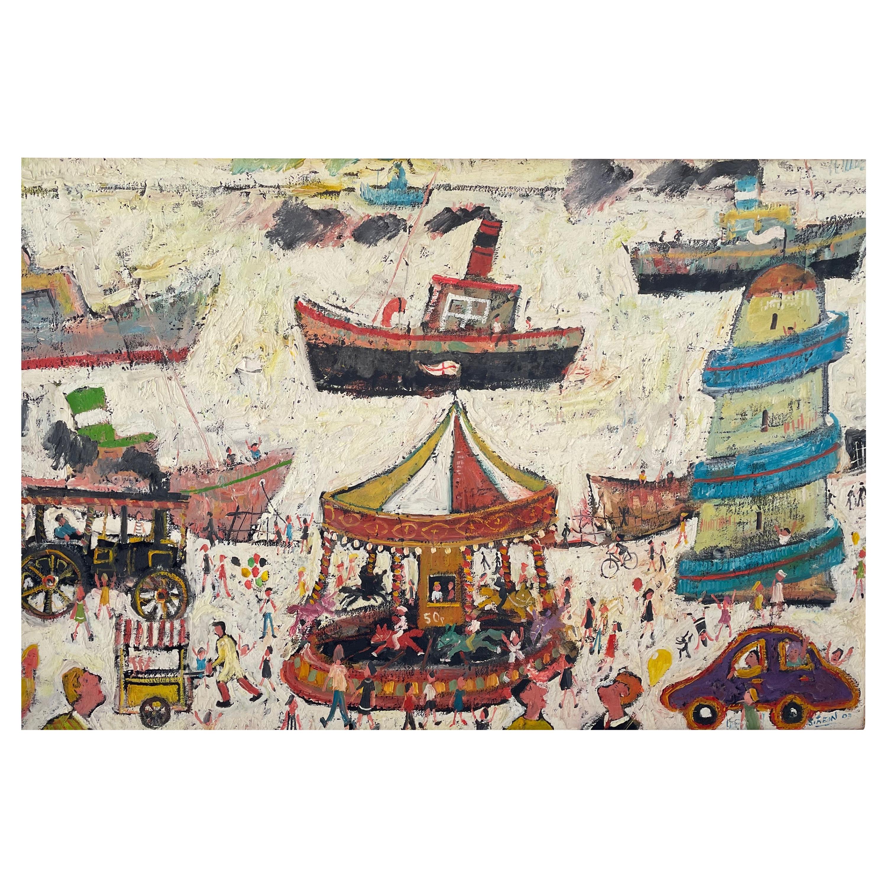 Fun Fair on the Harbour Wall, Contemporary Figurative Oil Painting For Sale