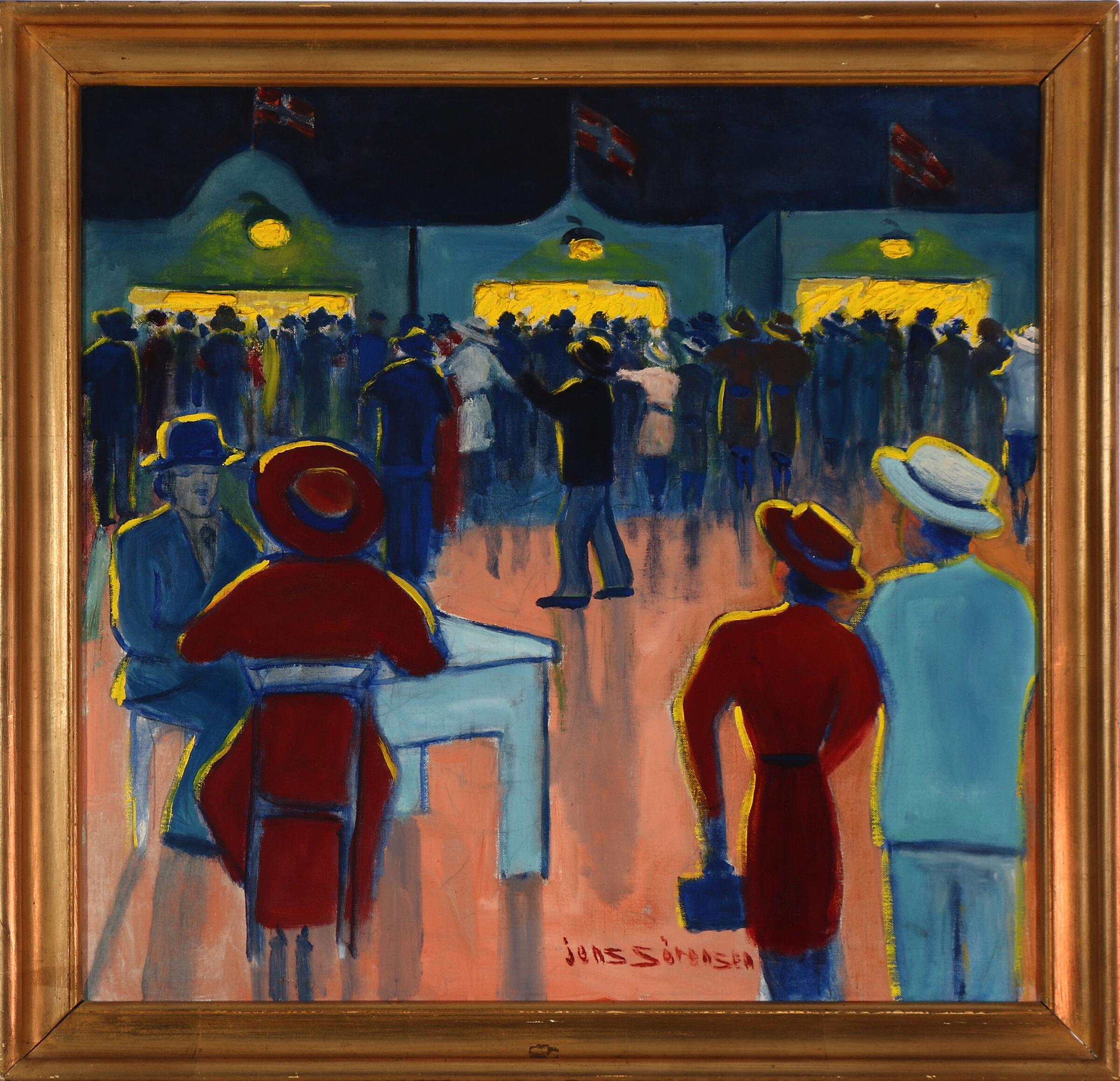 View from Bakken, a revered fun fair park just outside Copenhagen. Signed Jens Sørensen. A night scene. Bakken is a very old and beloved park enjoyed by old and young still open today. This painting captures the crowds on an evening in 1940s. Oil on