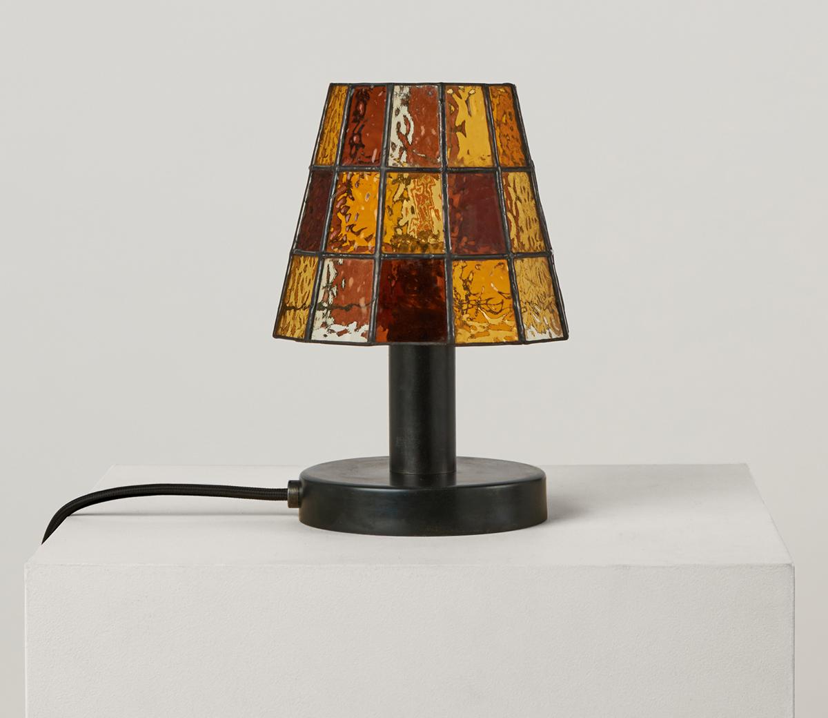 New Zealand Fun Guy Stained Glass Table Lamp with Blackened Aluminum Base by Frangere Studio For Sale