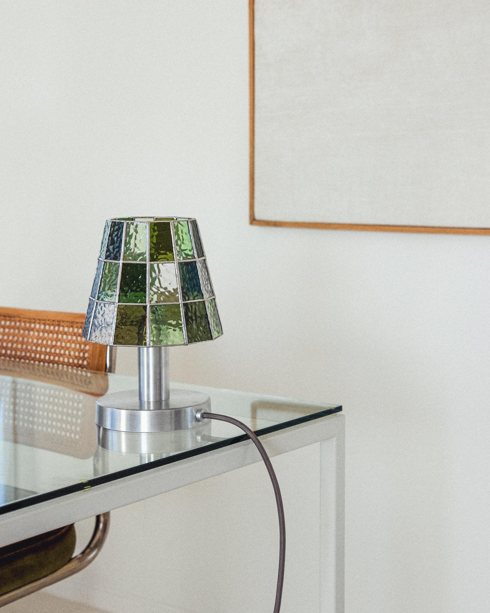Modern Fun Guy Stained Glass Table Lamp with Customizable Metal Base by Frangere Studio For Sale