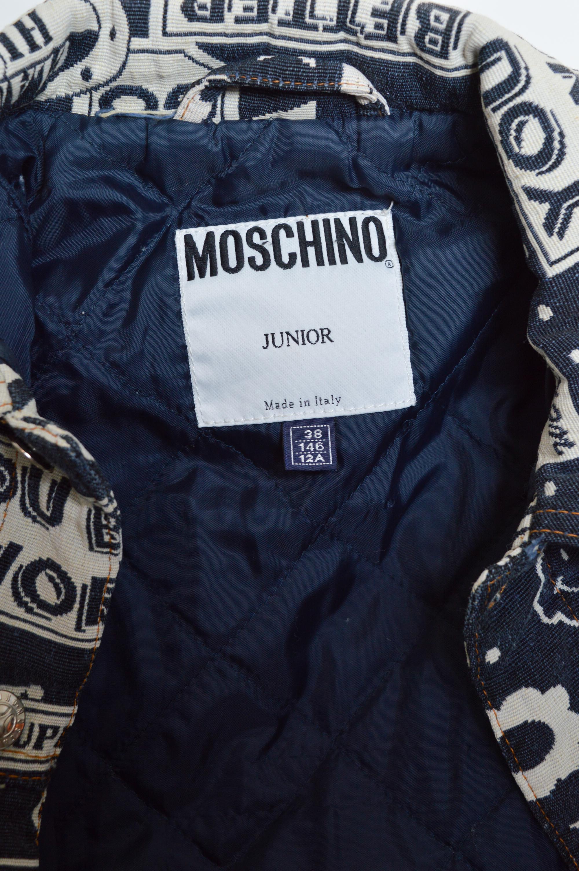 Divertente Moschino, giacca in denim anni '90 con motivo di arazzo intrecciato - Navy in vendita 10