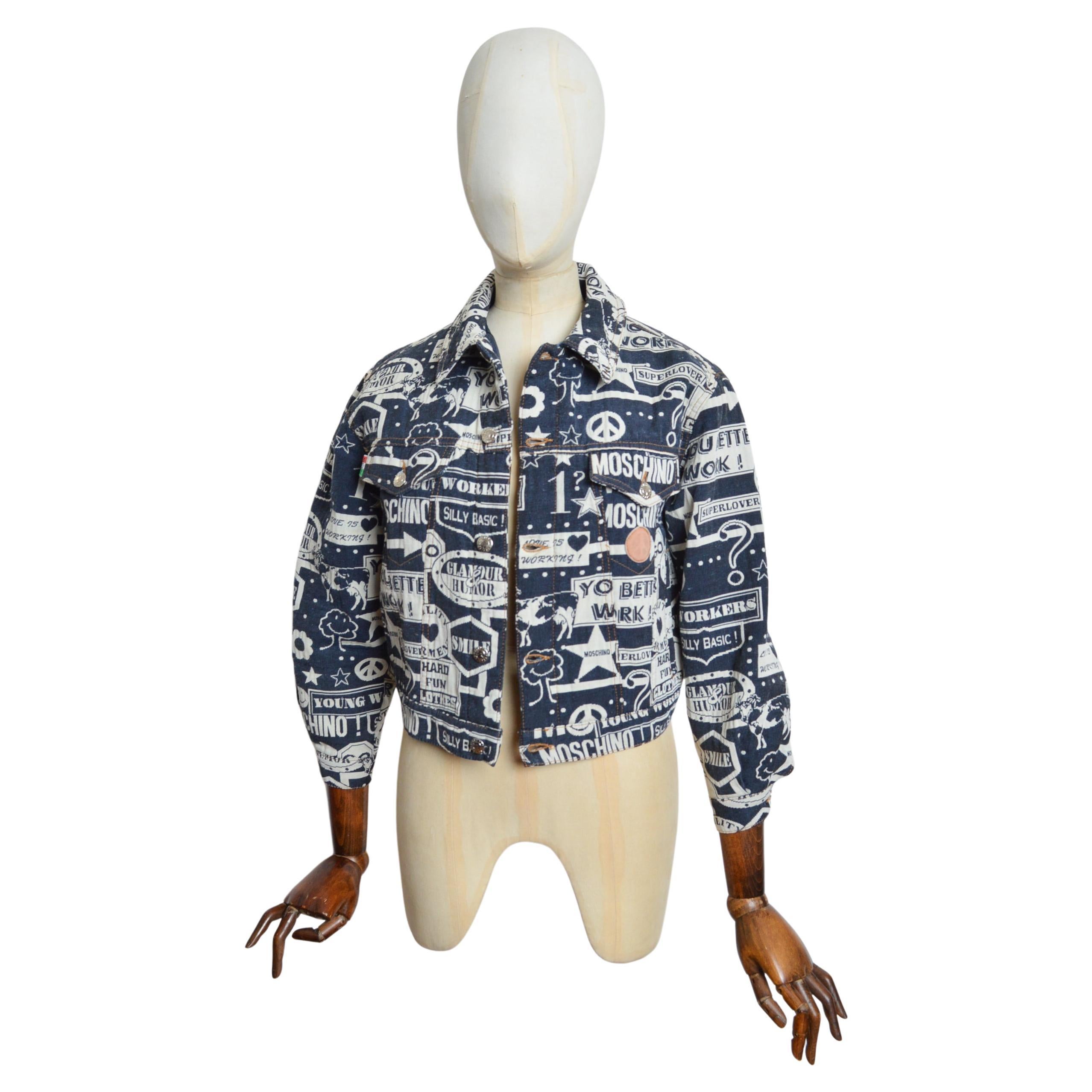 Divertente Moschino, giacca in denim anni '90 con motivo di arazzo intrecciato - Navy in vendita