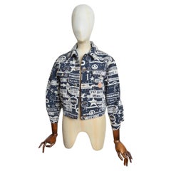 Fun MOSCHINO 1990er Jahre gewebte Wandteppichmuster Cropped Denim Jacke - Marineblau
