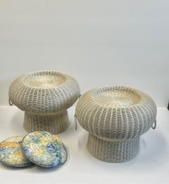 Fun Pair of Mid Century Modern Round Wicker Ottomans