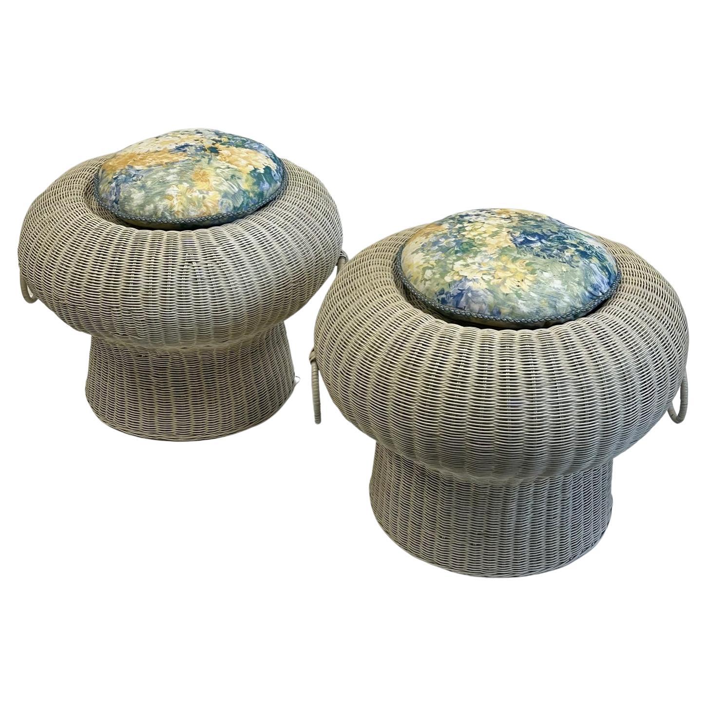 Fun Pair of Mid Century Modern Round Wicker Ottomans