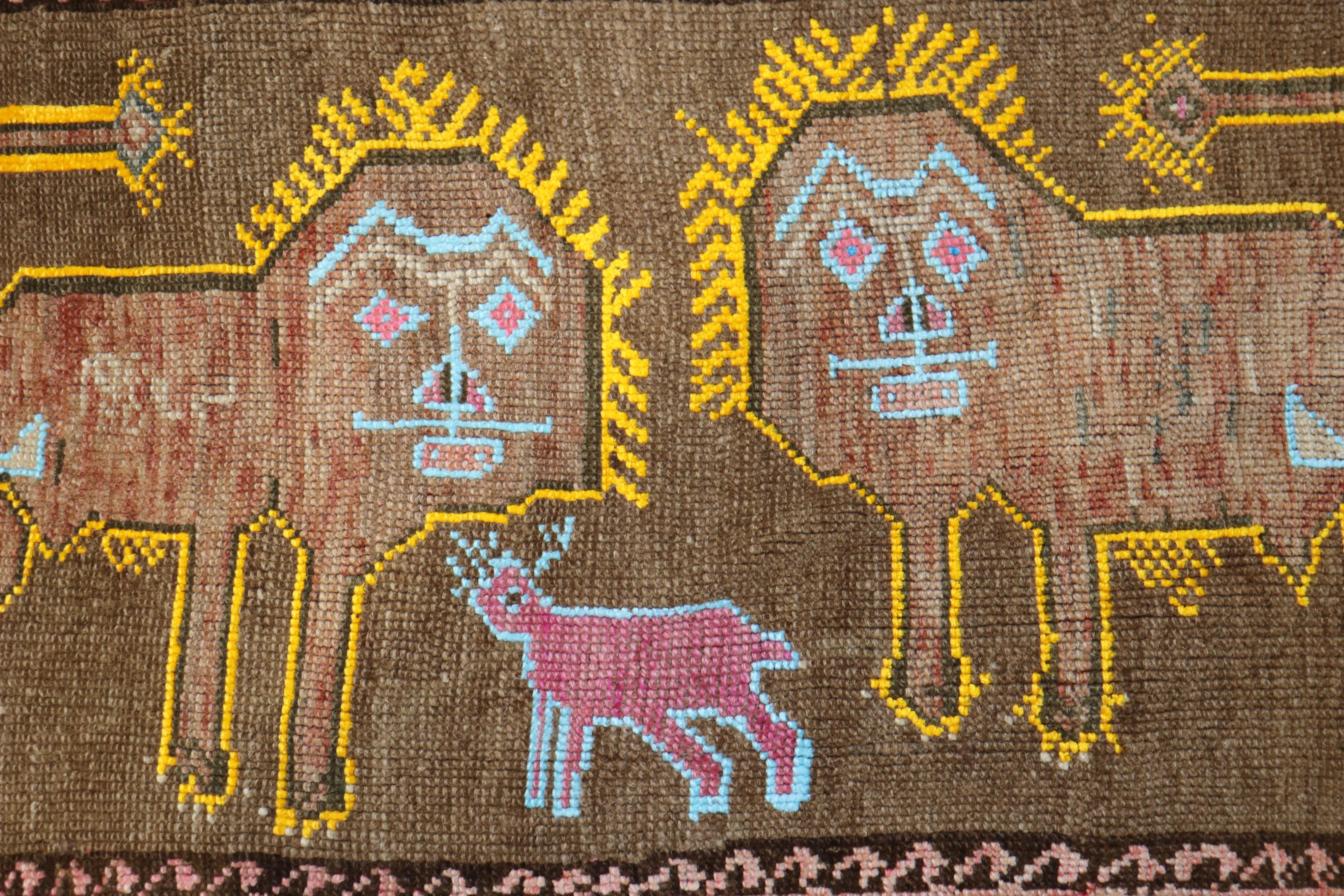 Hand-Woven Fun Pictorial Lion Sheep Vintage Turkish Rug For Sale