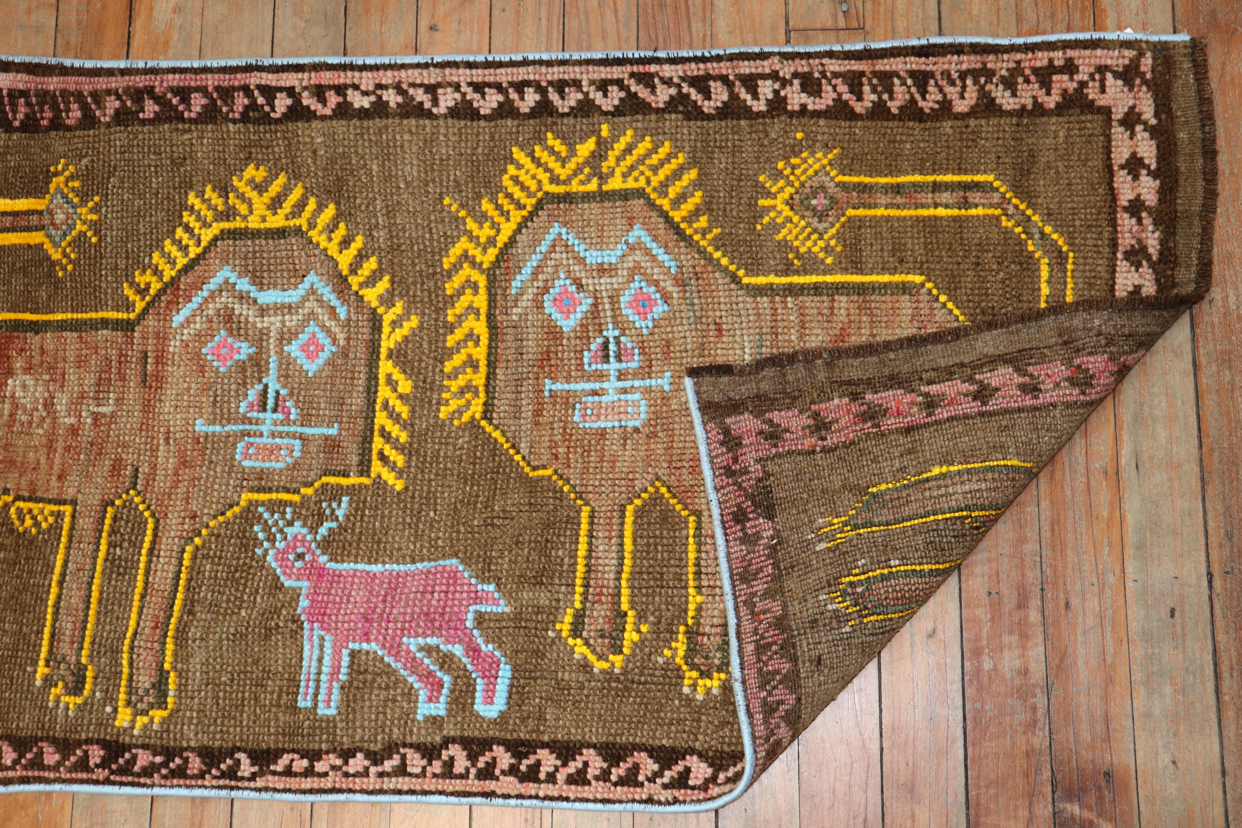 Fun Pictorial Lion Sheep Vintage Turkish Rug In Excellent Condition For Sale In New York, NY