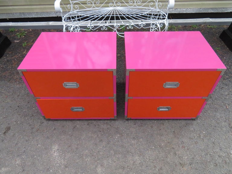 American Fun Pop Colored Pair of Campaign Night Stand Mid-Century Modern Campaigner