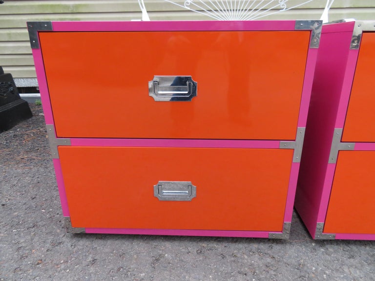 Lacquered Fun Pop Colored Pair of Campaign Night Stand Mid-Century Modern Campaigner