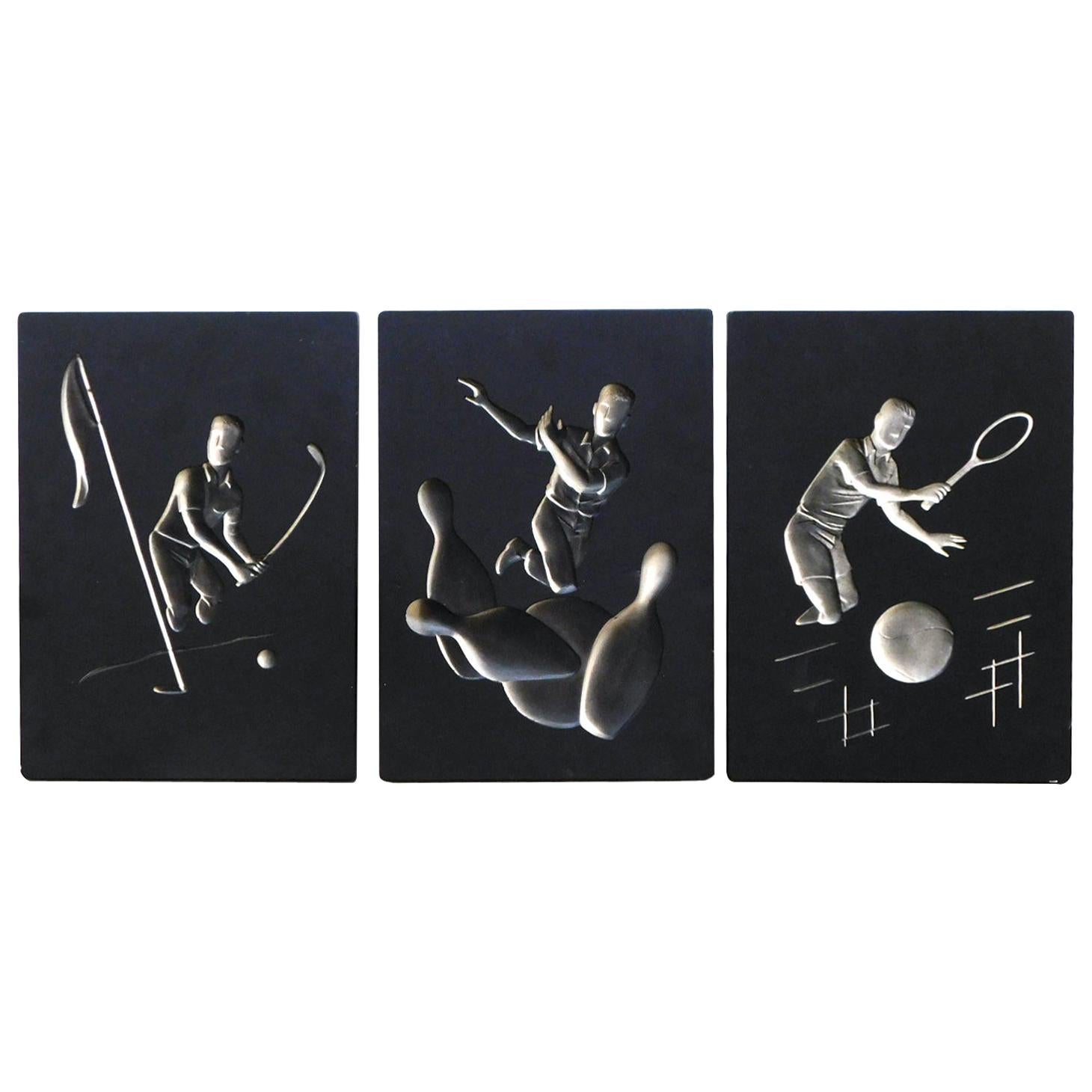 Fun Set of 3 Hans Richter 1961 Artcraft Plaster Negative Relief Sports Plaques For Sale