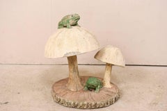 Fun Tall Mushrooms and Frogs Garden Sculpture on Faux Bois Slab Base