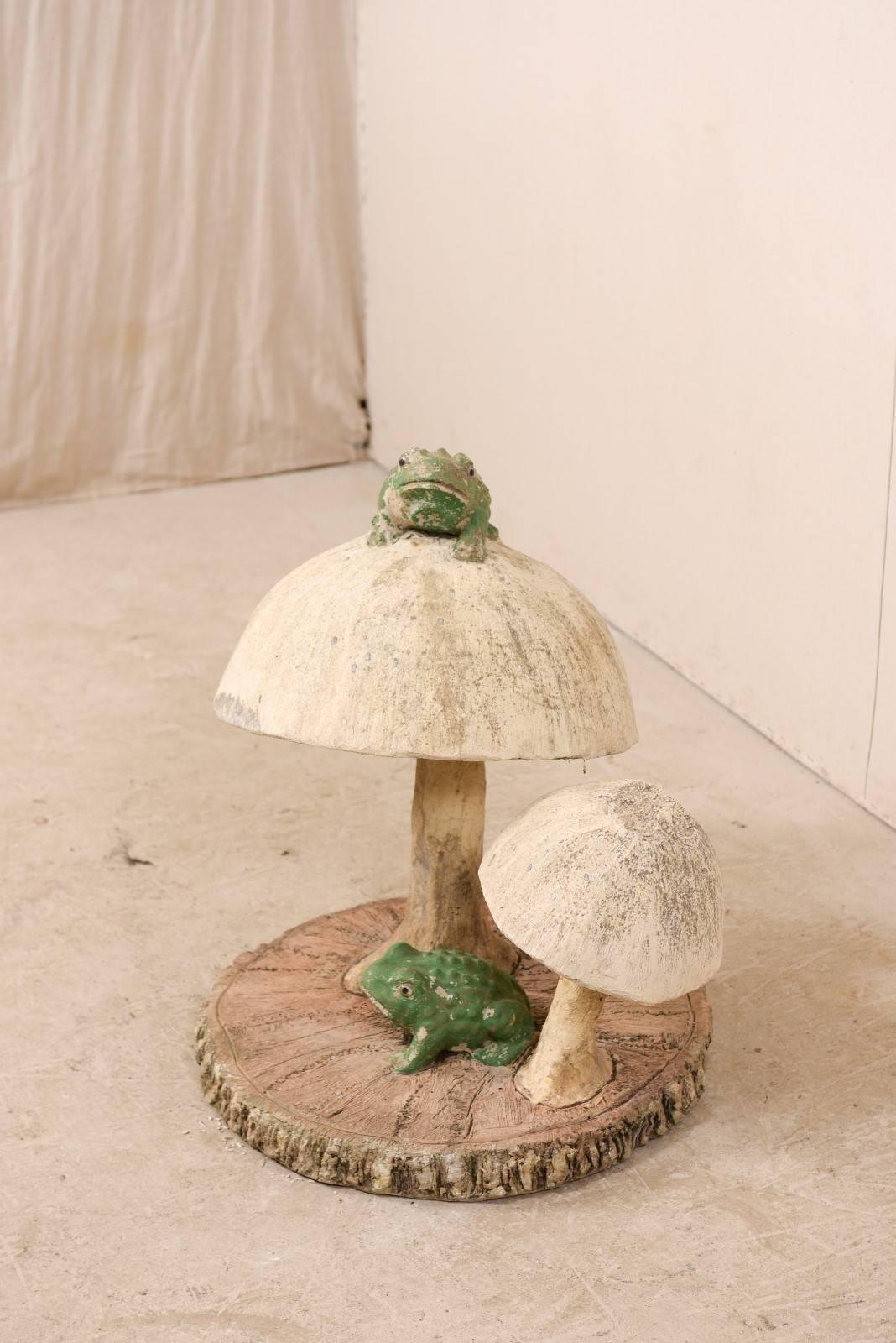 American Fun Tall Mushrooms and Frogs Garden Sculpture on Faux Bois Slab Base