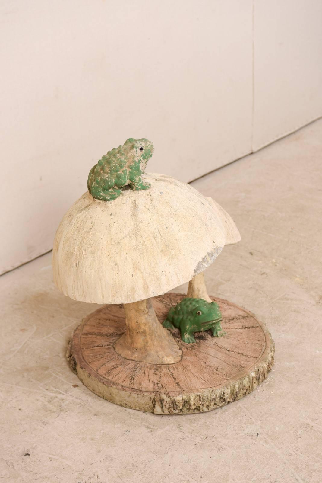 Fun Tall Mushrooms and Frogs Garden Sculpture on Faux Bois Slab Base 1