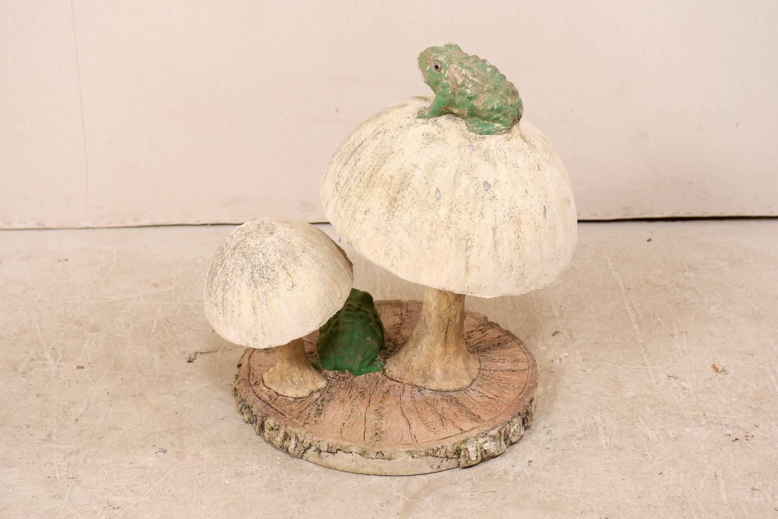 Fun Tall Mushrooms and Frogs Garden Sculpture on Faux Bois Slab Base 3