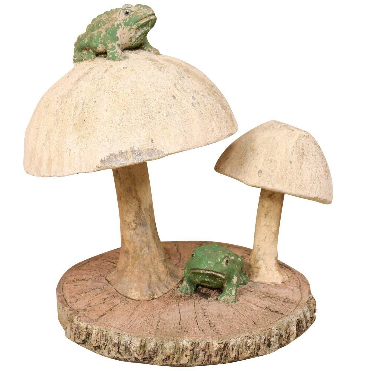 Fun Tall Mushrooms and Frogs Garden Sculpture on Faux Bois Slab Base