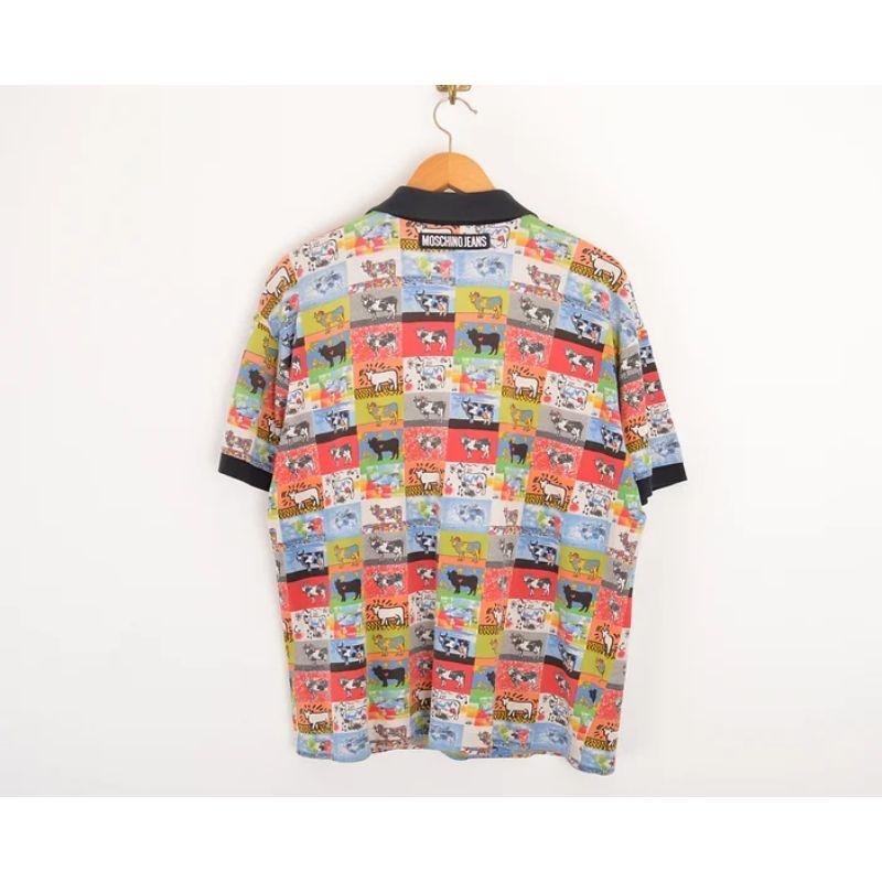 Super fun, Vintage 1990's Moschino jeans Polo shirt, with an abstract Cow themed print throughout with imagery from the likes of Keith Haring. 

MADE IN ITALY !

Features:
Button down collar
Moschino Jeans logo back of collar
Short sleeves

100%