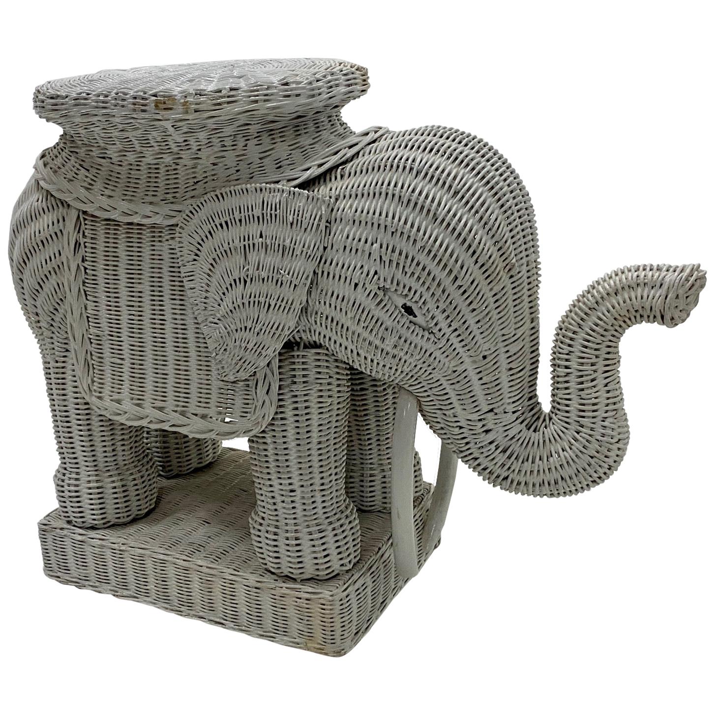 Fun Vintage Wicker and Rattan Elephant End Table