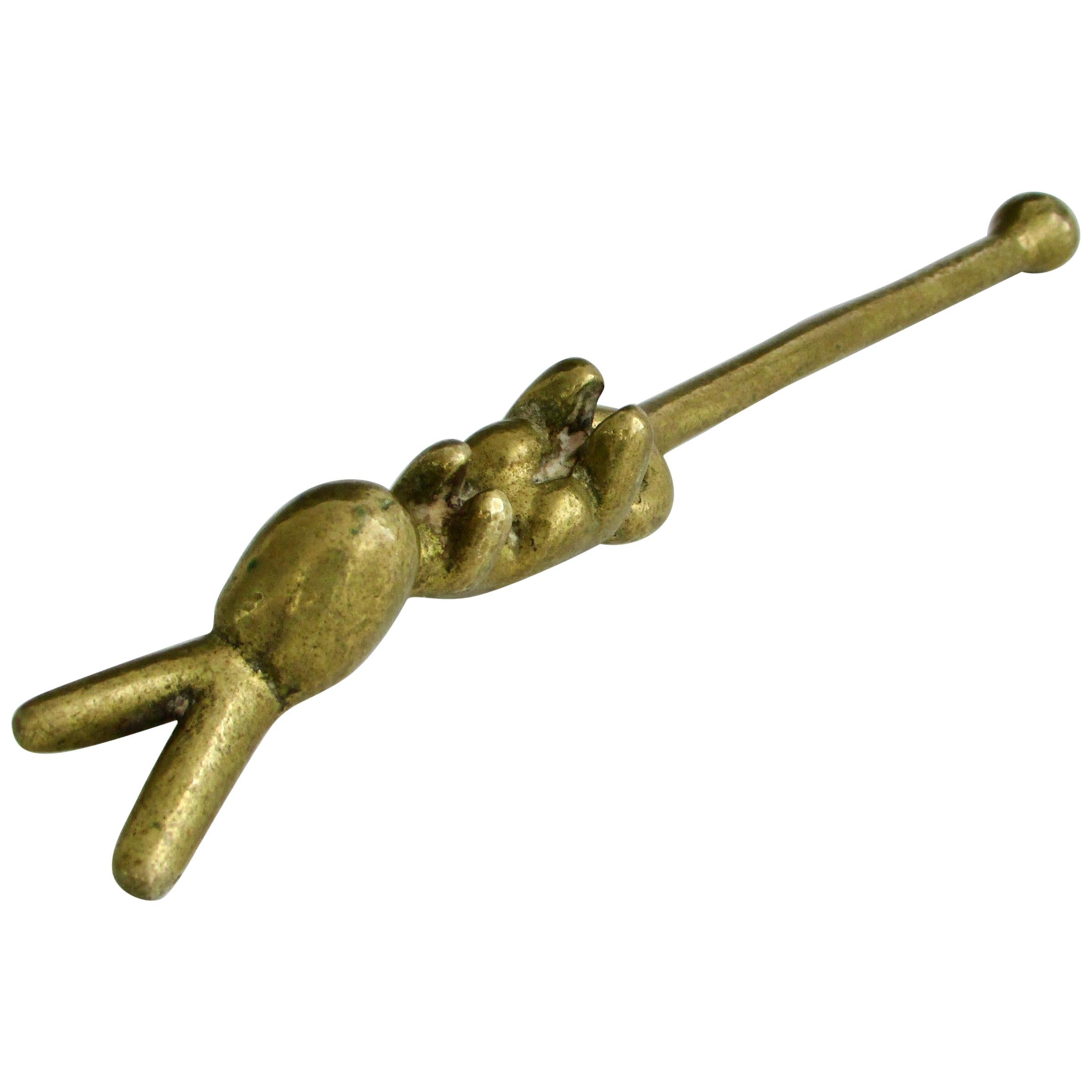 Fun Whimsical Cast Brass Bunny Whiskey Stir Stick For Sale