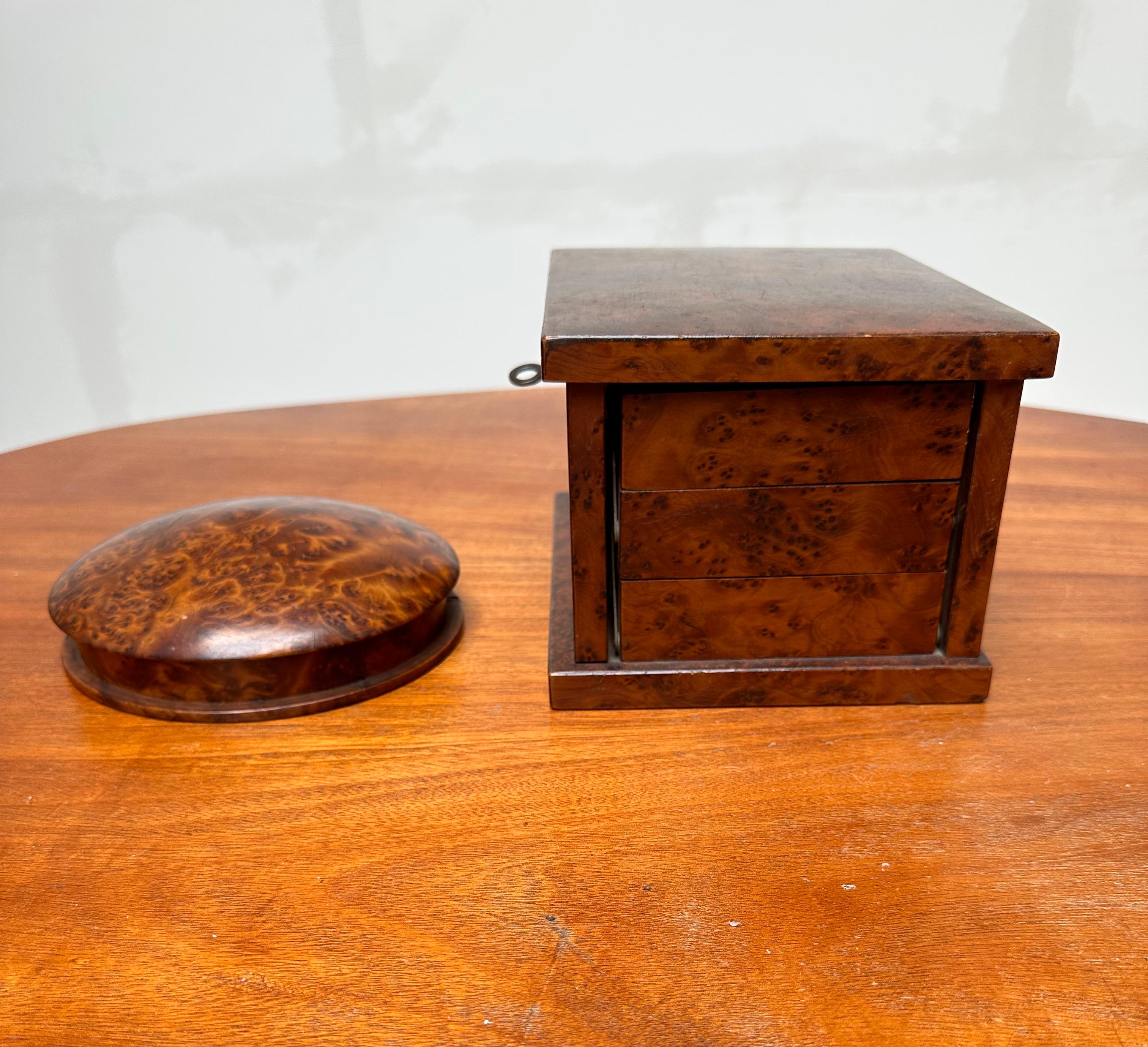 French Functional and Stylish Burl / Burr Wood Foldable Jewelry Casket with Round Box
