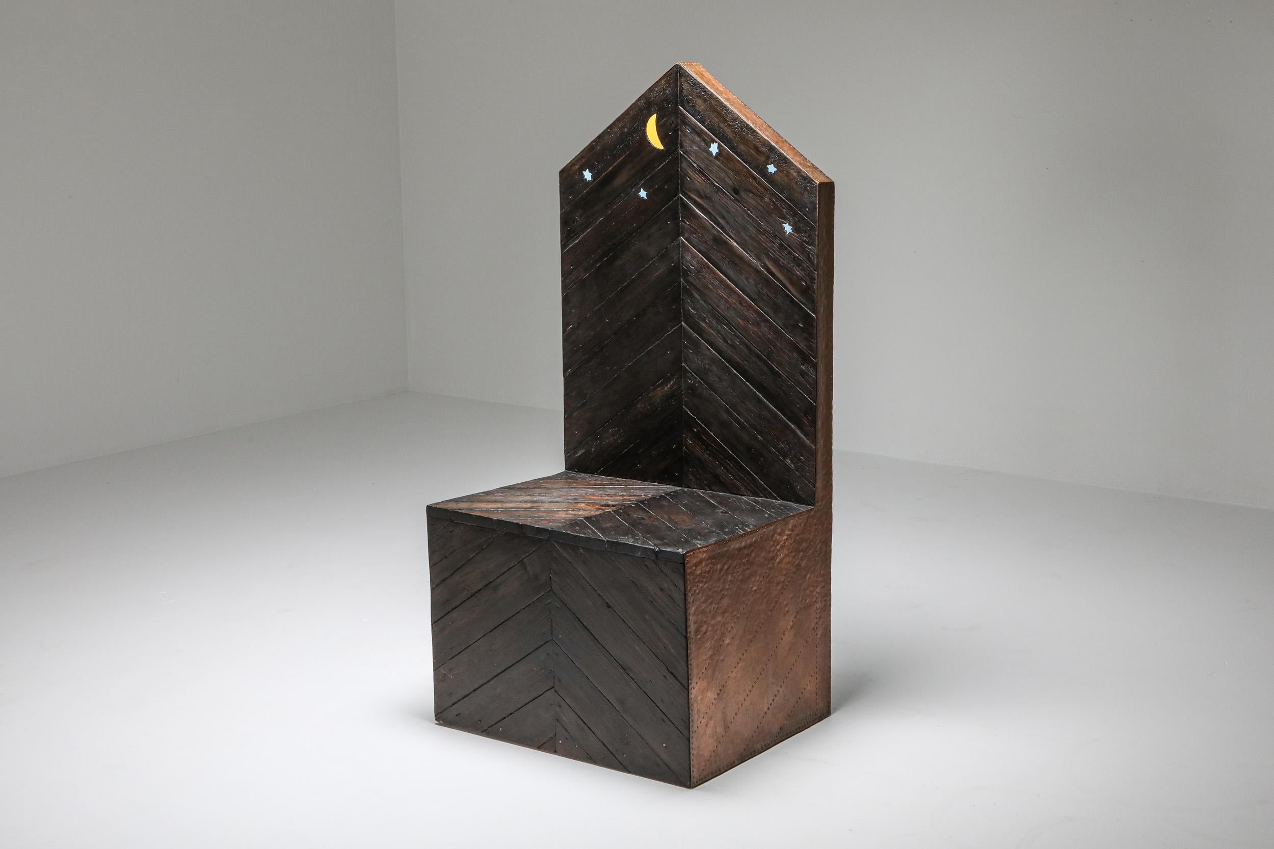 Functional Art; Sandro Lorenzini; Mid-Century Modern; Throne Chair; Wood; Artist; Italian Artist; Italy; 

Throne chair by Italian artist Sandro Lorenzini, made in Italy, circa 1980s.
Solid wooden panels with ceramic stars and moon